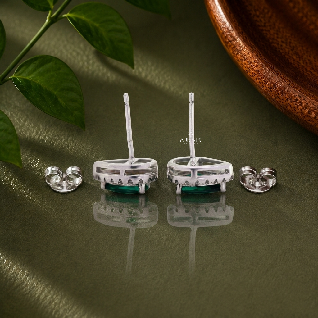Lab Grown in Diamond Green Pear Halo Stud Earrings Dainty Jewelry