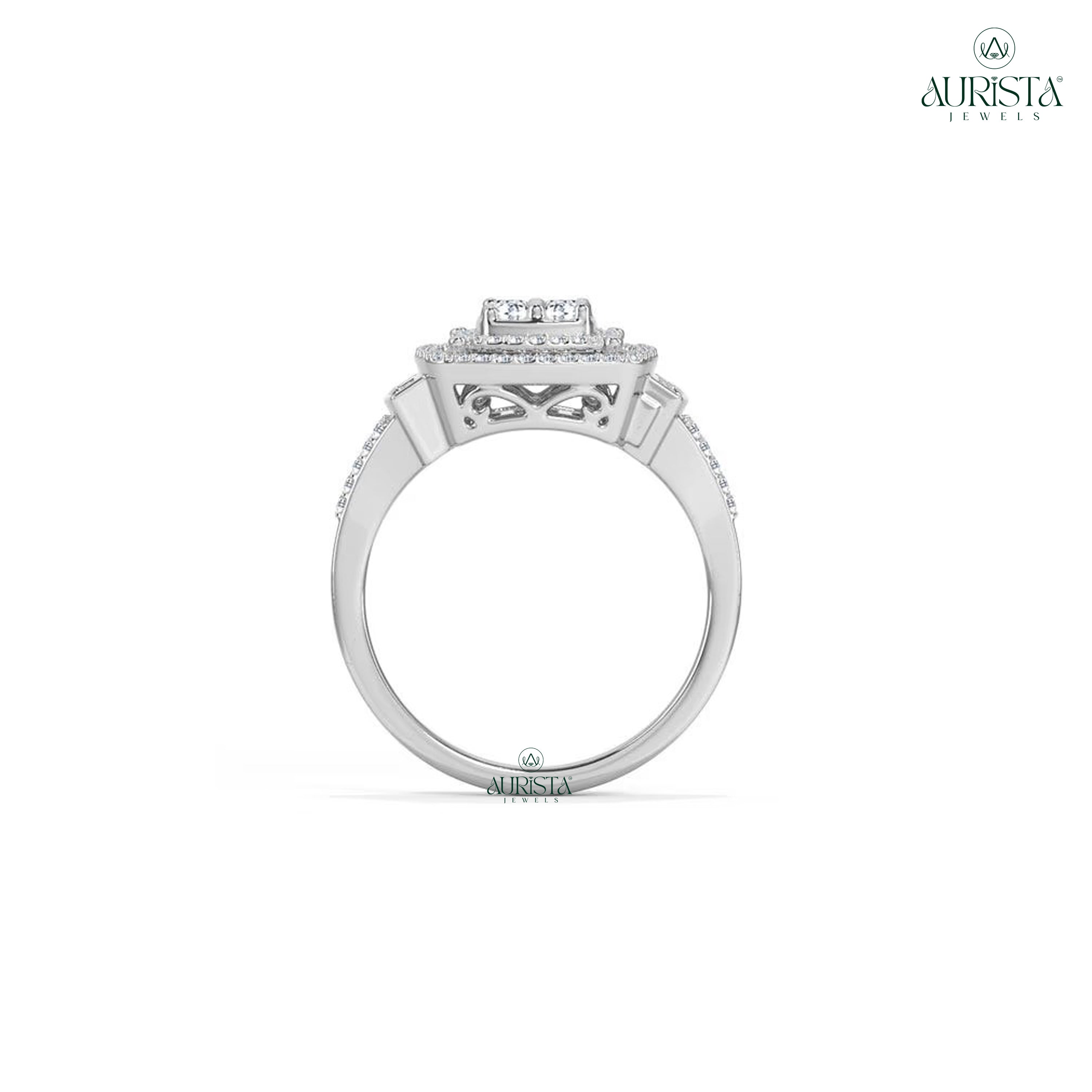 Round Moissanite Diamond Double Halo Cluster Engagement Ring White Gold Bridal