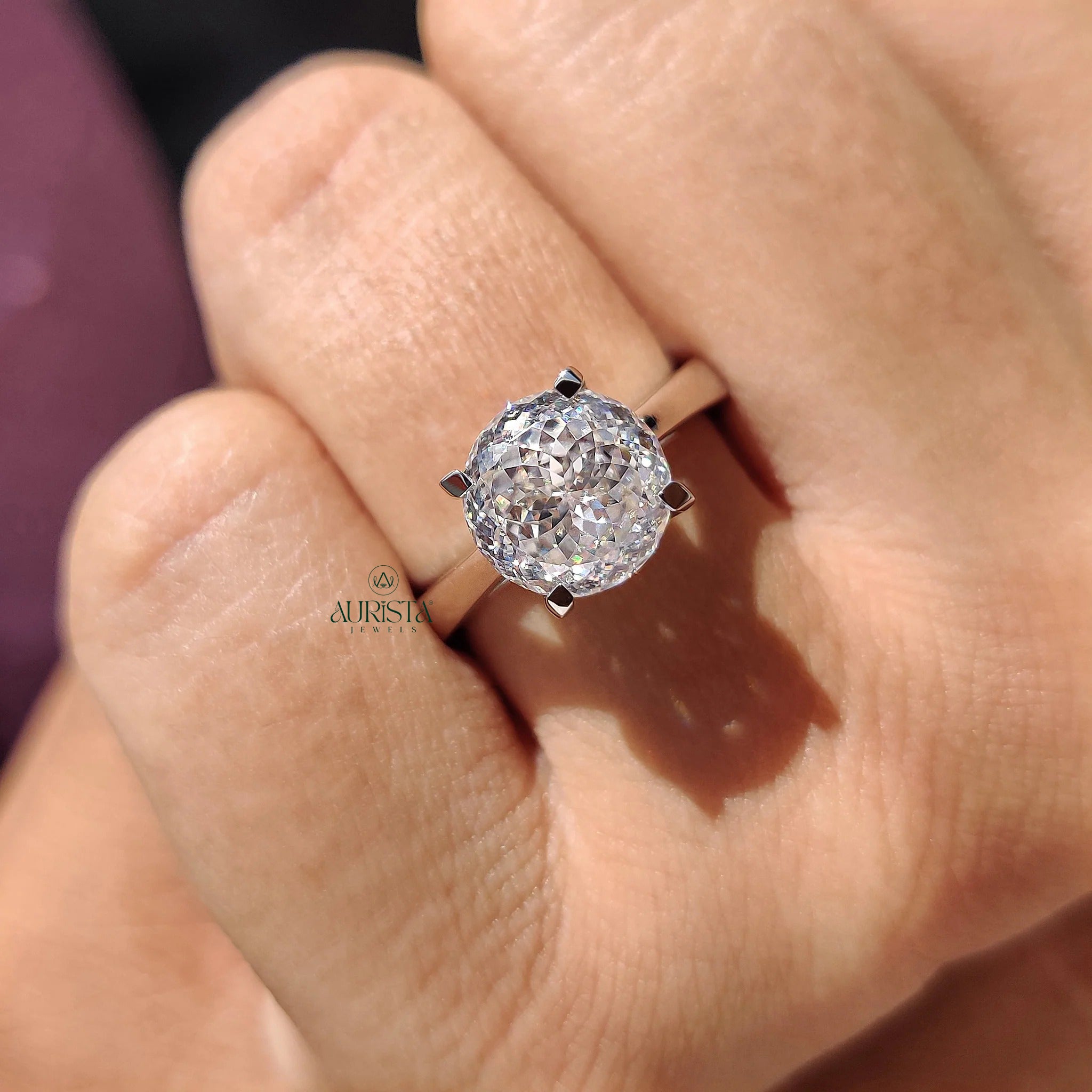 Portuguese Cut Moissanite Solitaire Engagement Ring Minimalist White Gold Band