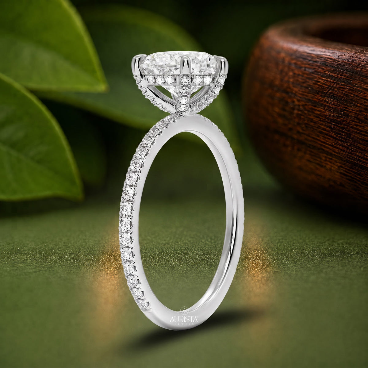 Heart Lab Grown Diamond Ring, Hidden Halo Pavé Band Dainty Fine Jewelry