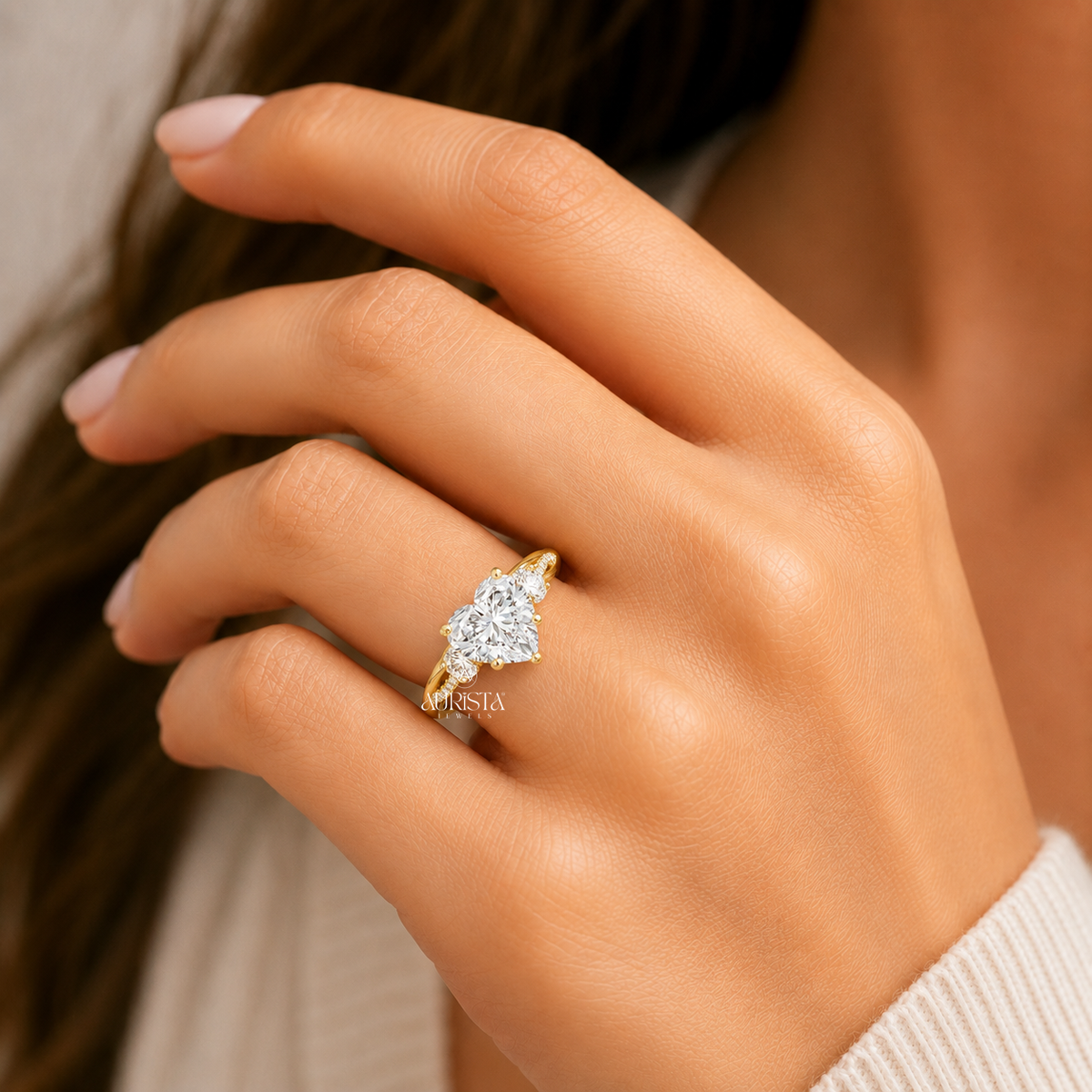 Heart Shape Lab Grown Diamond Three Stone Ring, Twisted Pavé Engagement Wedding Band