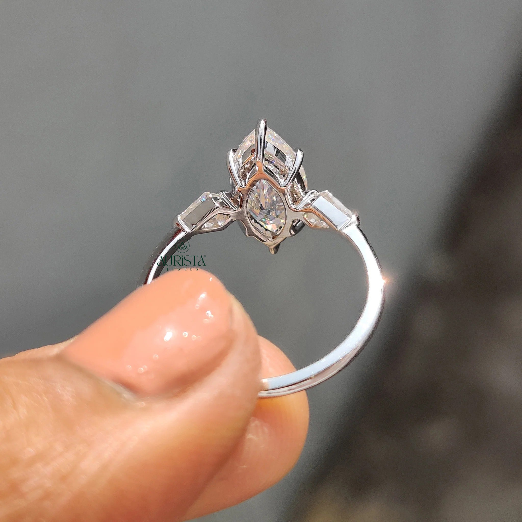 Marquise Moissanite in Diamond Kite Accent White Gold 3 Stone Engagement Ring