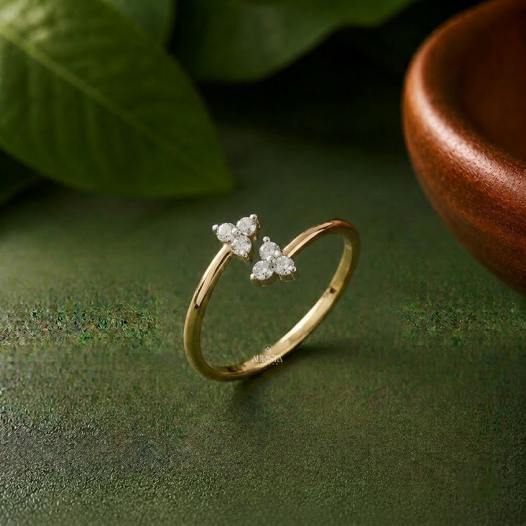Lab Grown Diamond Gold Cluster Ring Asymmetrical Bypass Band Modern Stacking Ring