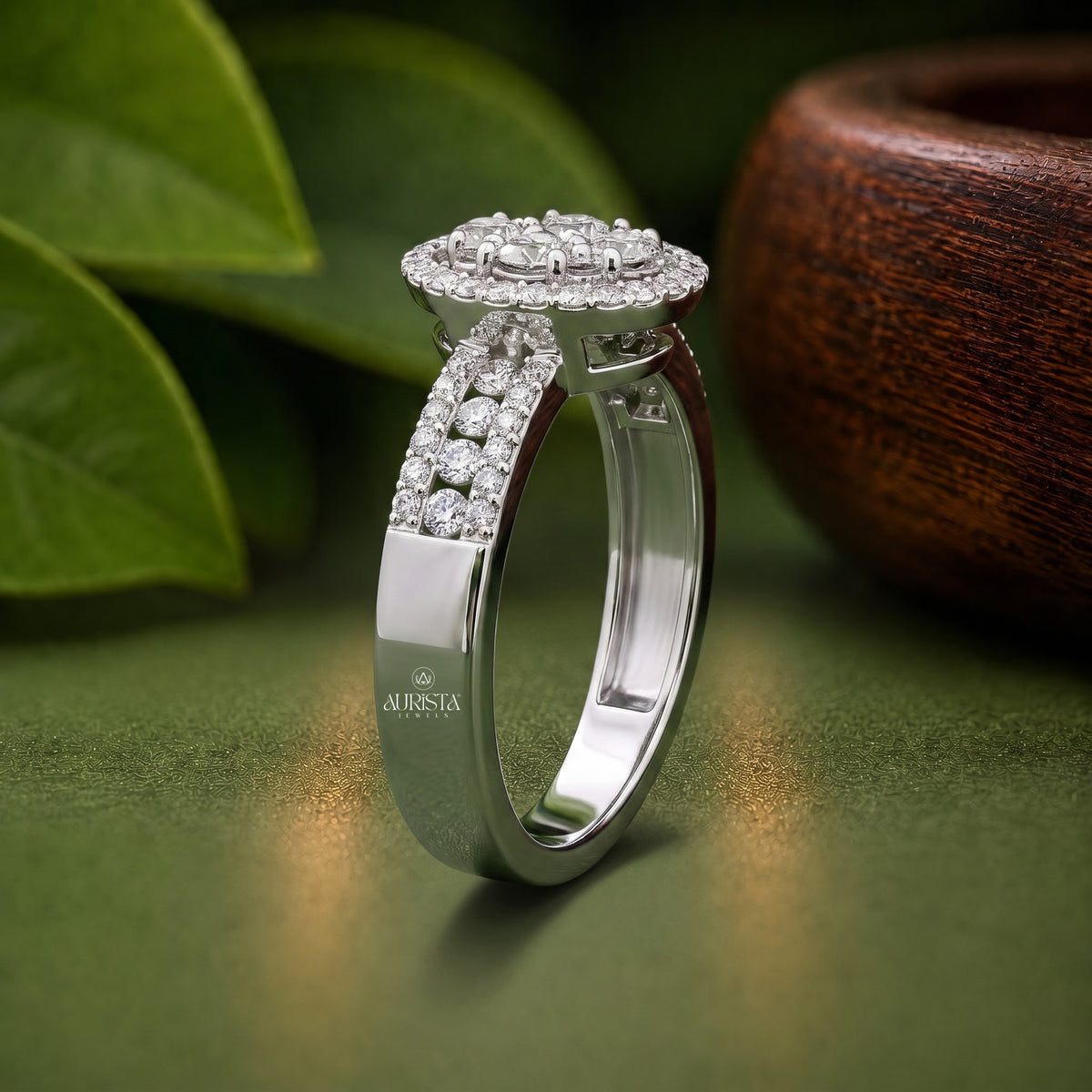 Oval Cluster Diamond Ring, Lab Grown Diamond Statement Band In White Gold Pave Set