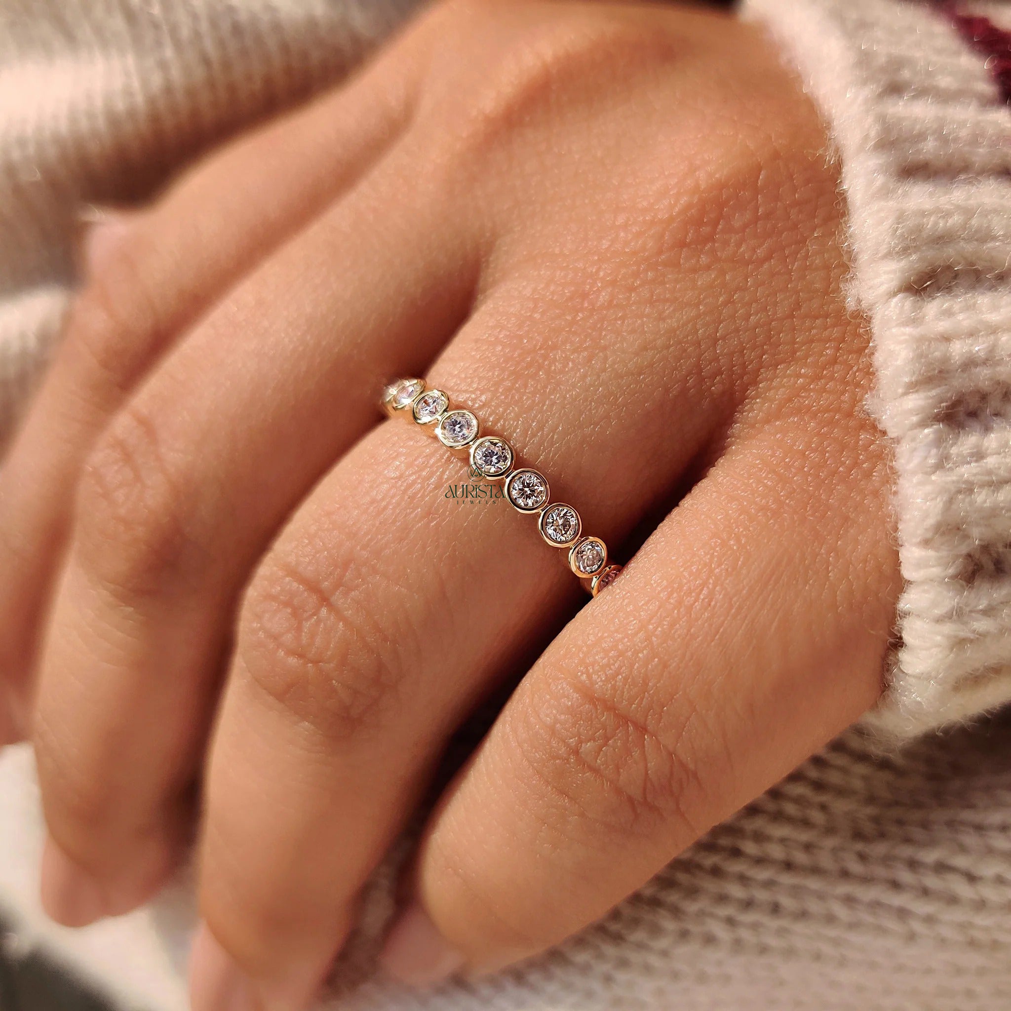Bezel Set Moissanite Diamond Eternity Band, Round Gold Stackable Wedding Ring for Her