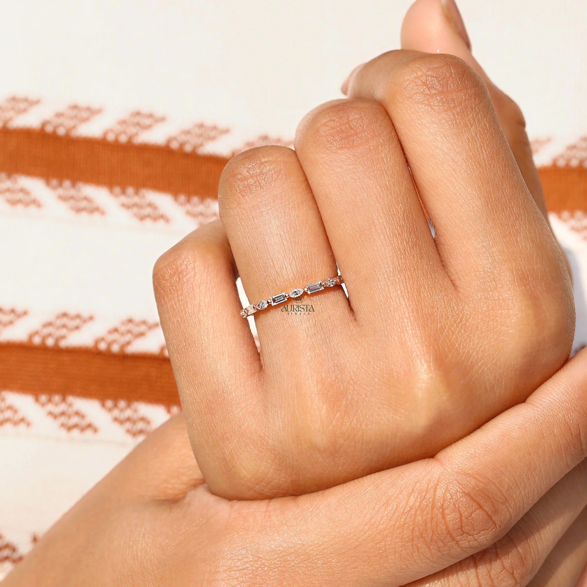 Mixed Cut Moissanite Diamond Band, Marquise & Baguette Gold Stackable Wedding Ring