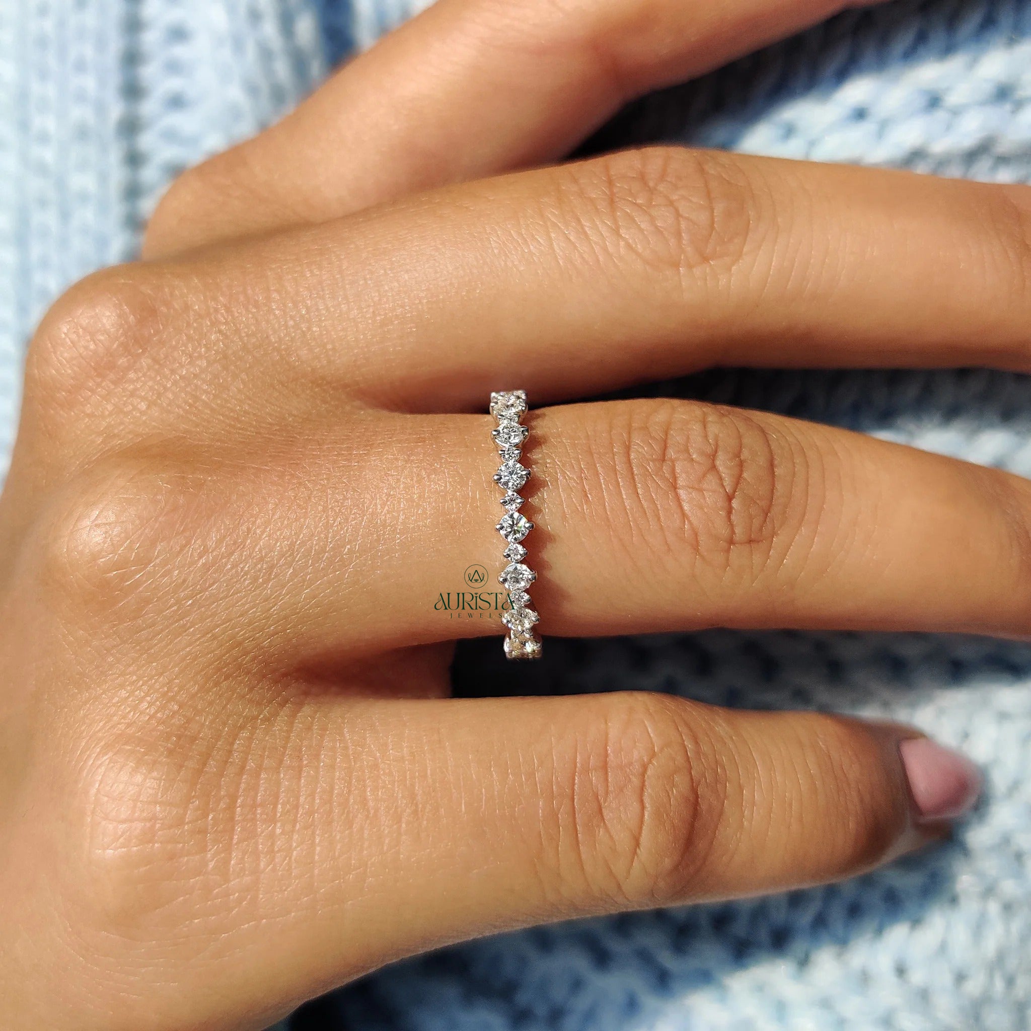 Round Cut Moissanite Diamond Eternity Band Minimalist Stackable Wedding Ring Band