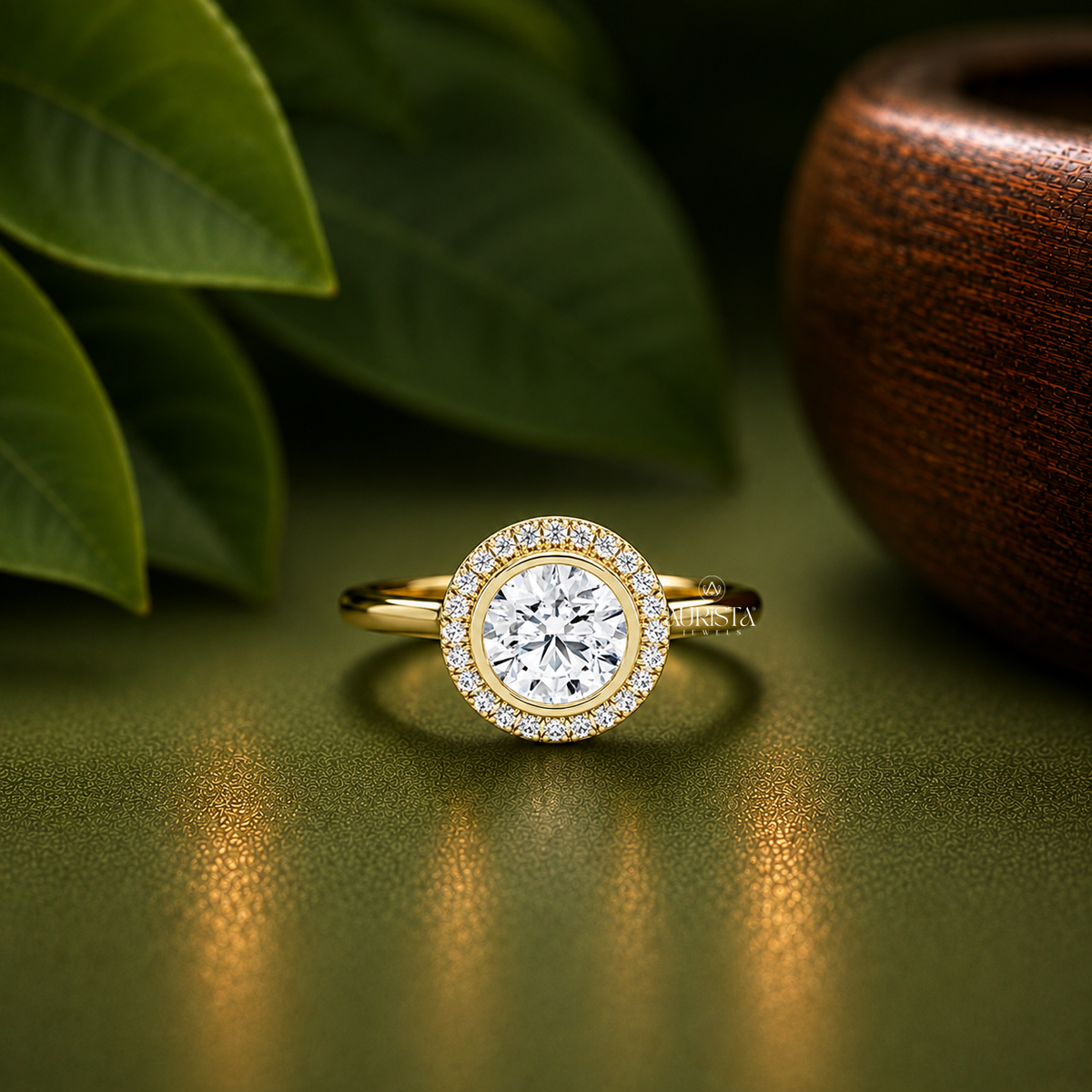 Round Lab Grown Diamond Ring, Bezel Halo Setting Band Unique Bridal Jewelry