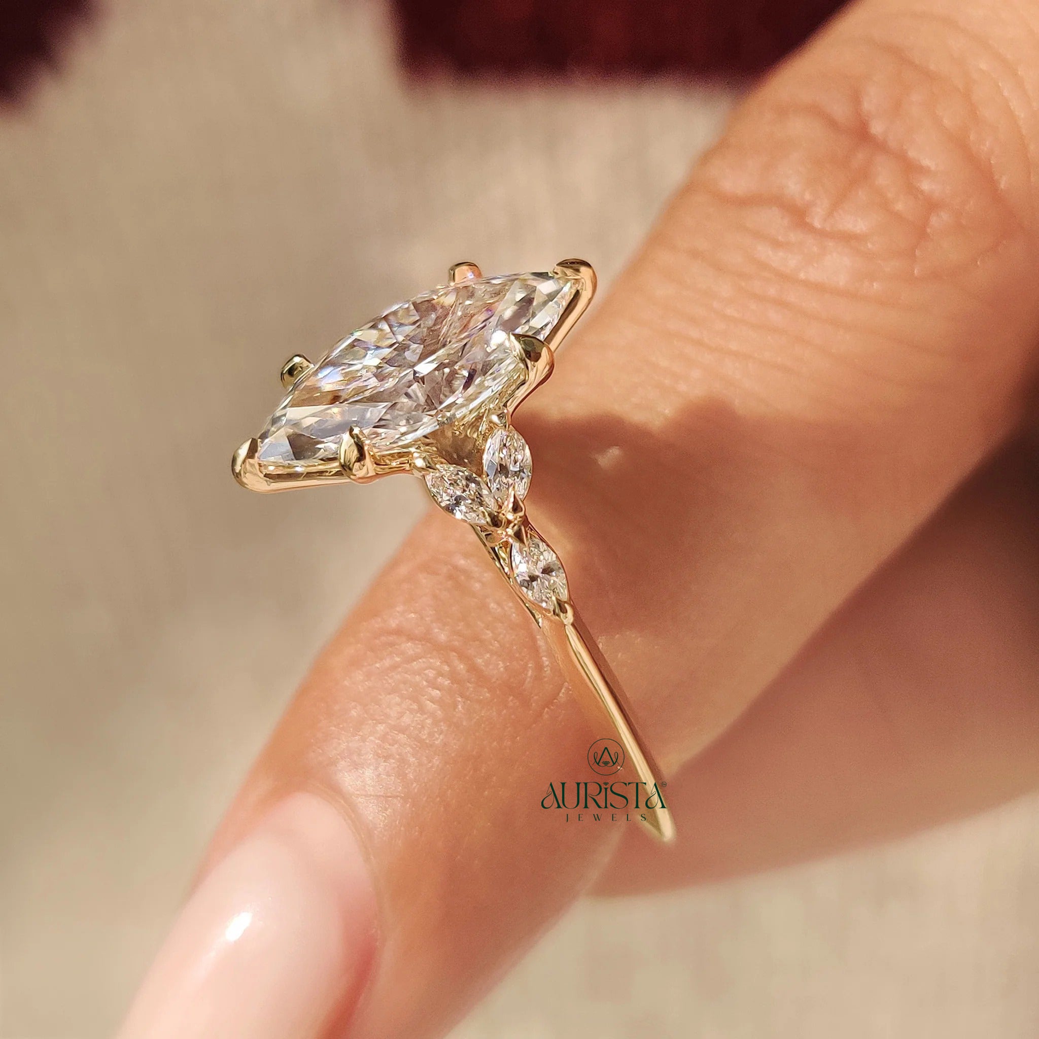Marquise Cut Diamond Ring with Botanical Marquise Side Stone