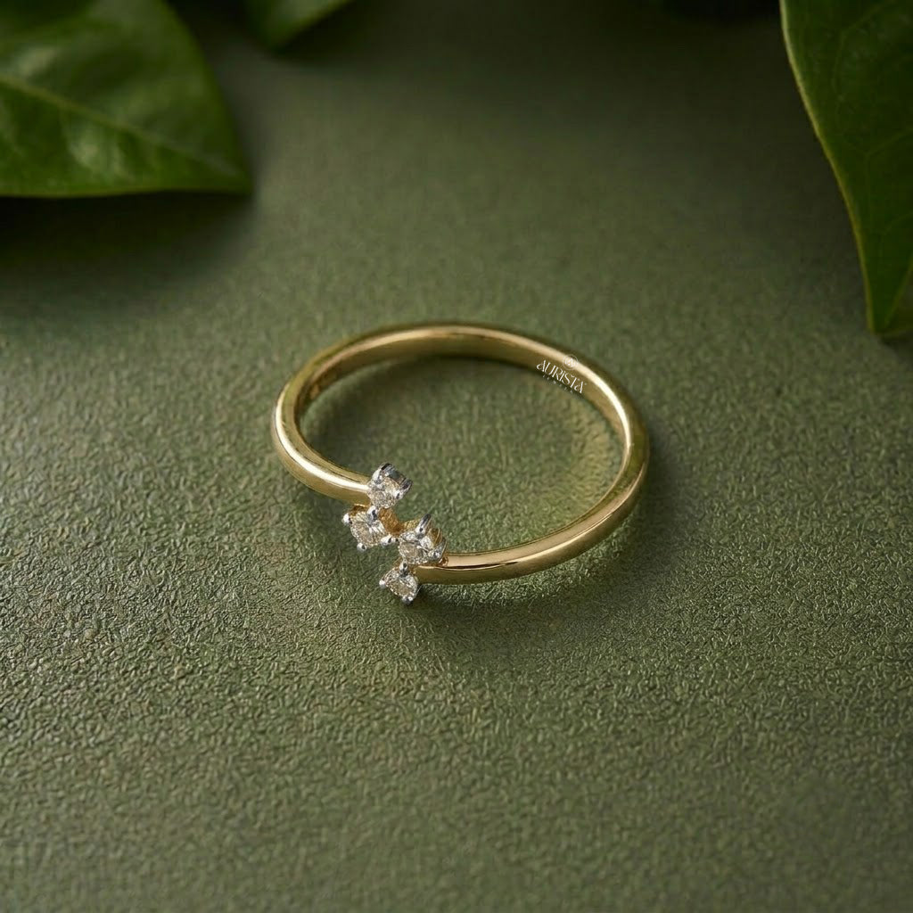 Lab Grown Diamond Gold Cluster Ring Asymmetrical Bypass Band Modern Stacking Ring