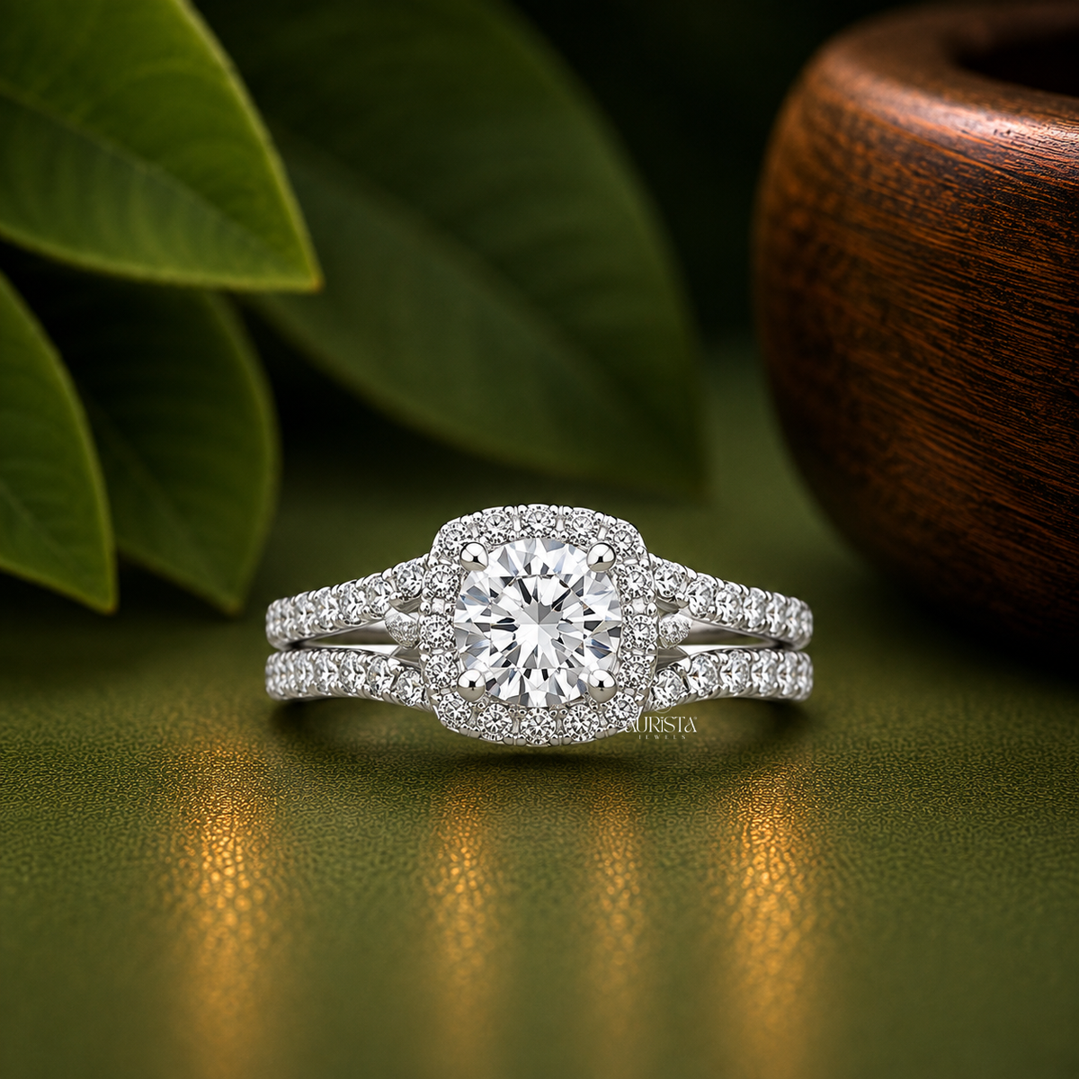 Round Moissanite Diamond Ring Set, Cushion Halo Split Shank White Gold Side Stones