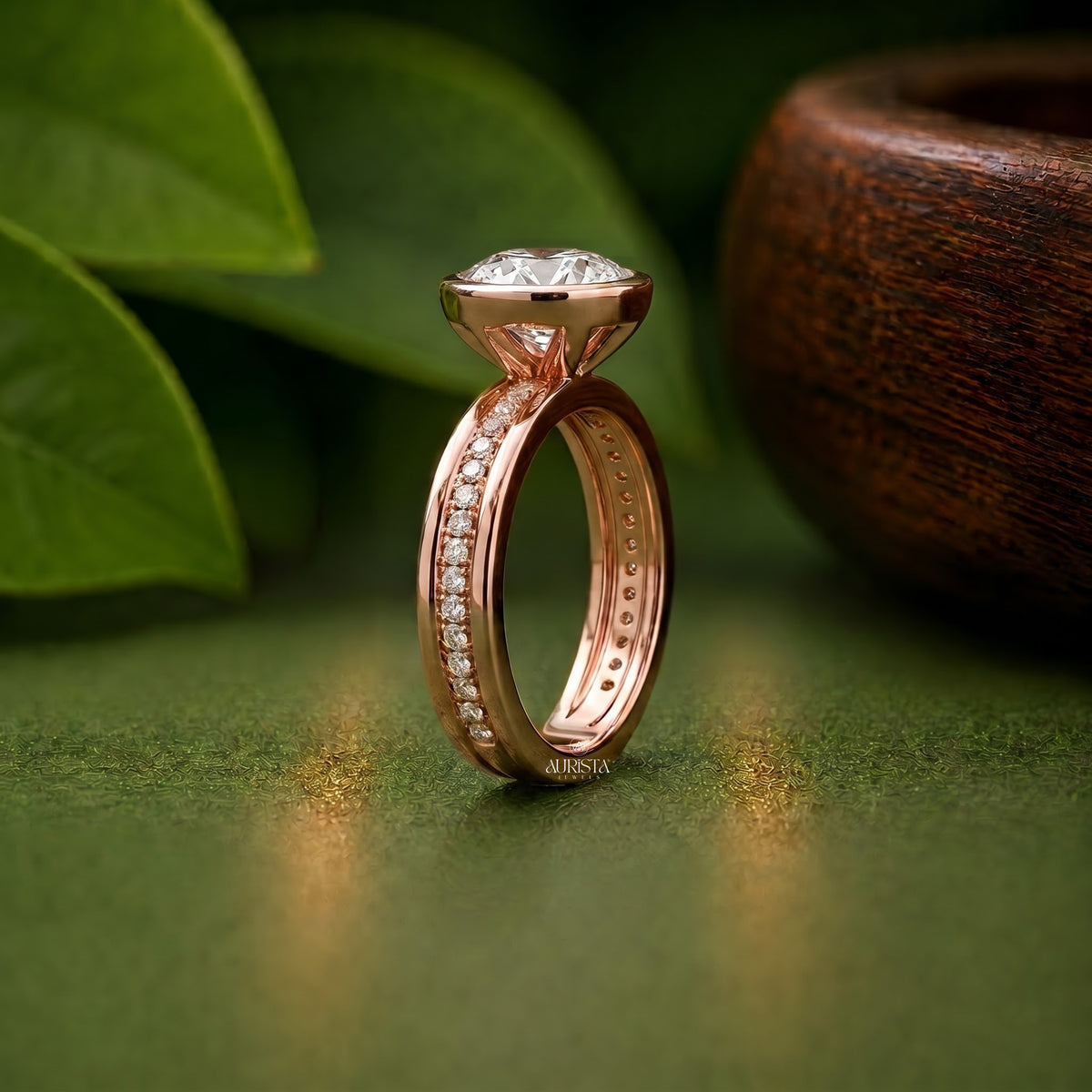 Pear Moissanite Diamond Ring, Bezel Set Rose Gold With Pave Round Side Stones