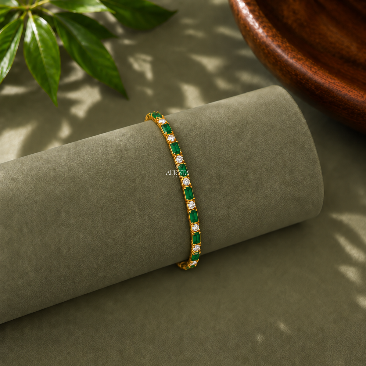 Green & White Emerald Cut Tennis Bracelet Gold Lab Grown in Diamond Fine Jewelry