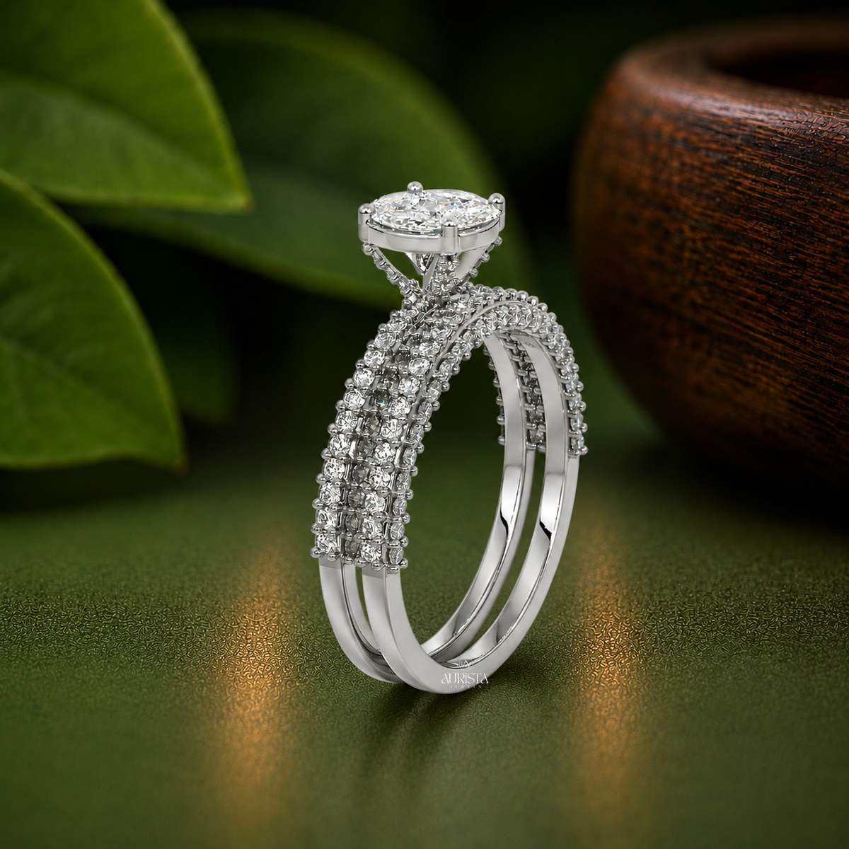 Lab Grown Diamond Bridal Ring Set - Cushion Cluster Pave Engagement and Wedding Bands