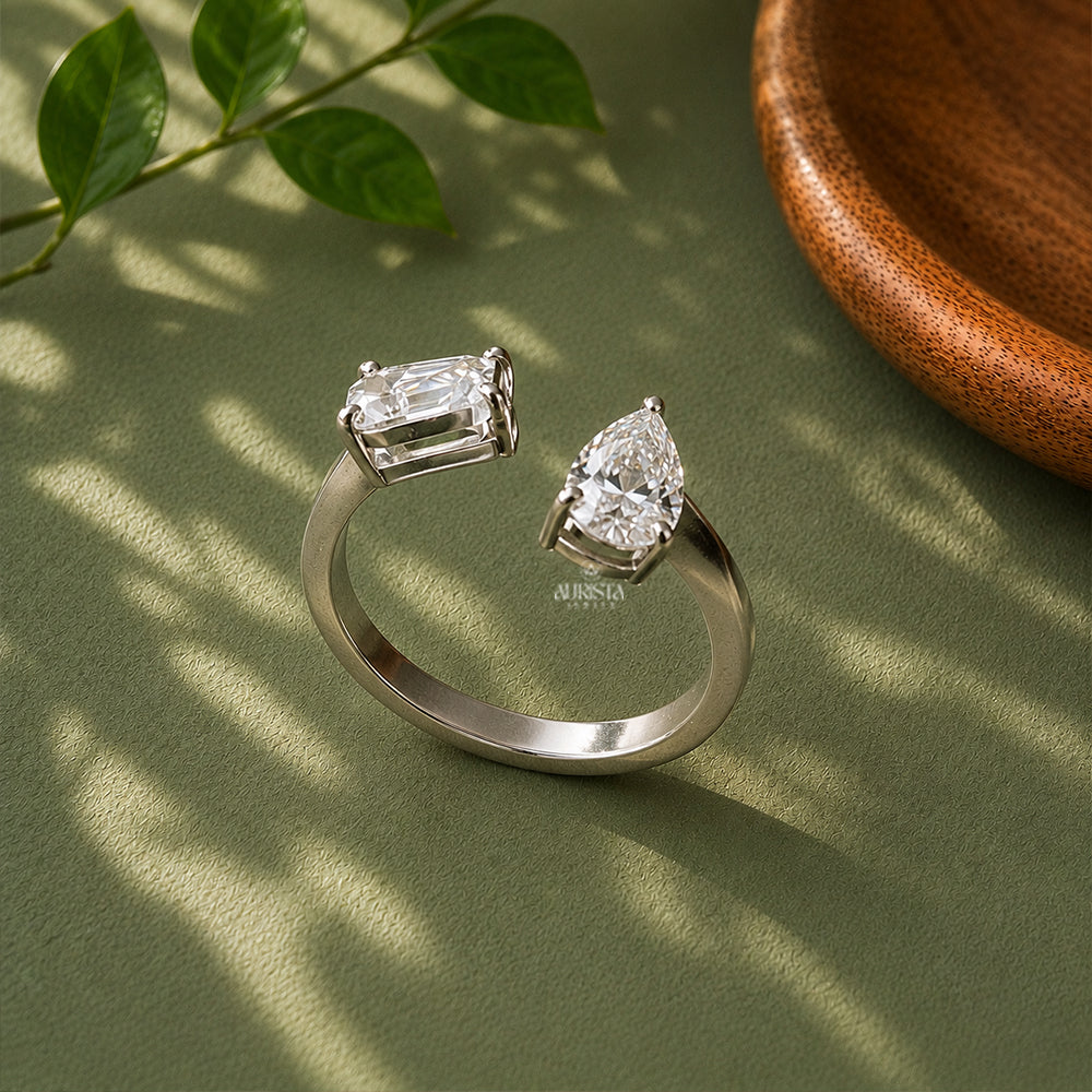 Modern Two-Stone Bypass Ring Pear Emerald Moissanite Adjustable Statement Band