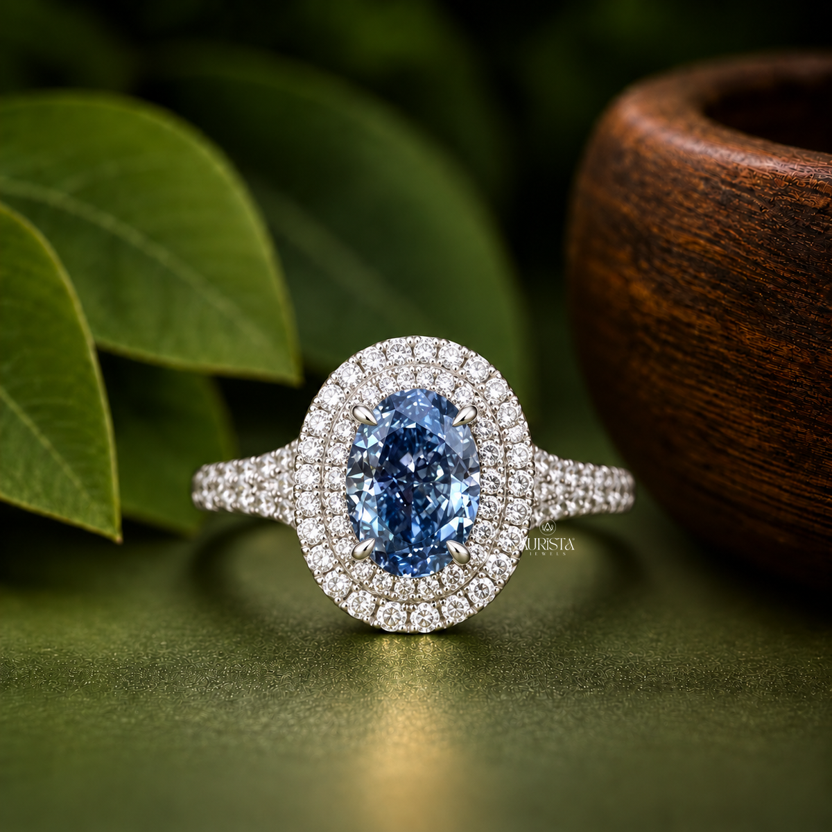 Blue Oval Double Halo Engagement Ring Split Shank Band Lab Grown in Diamond