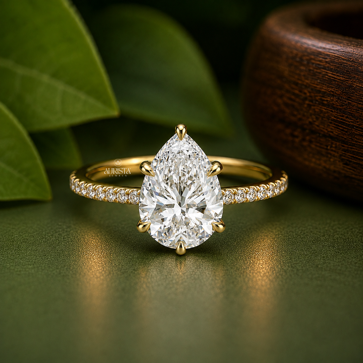 Pear Shaped Lab Grown Diamond Hidden Halo Ring, Delicate Pave Engagement Band Jewelry
