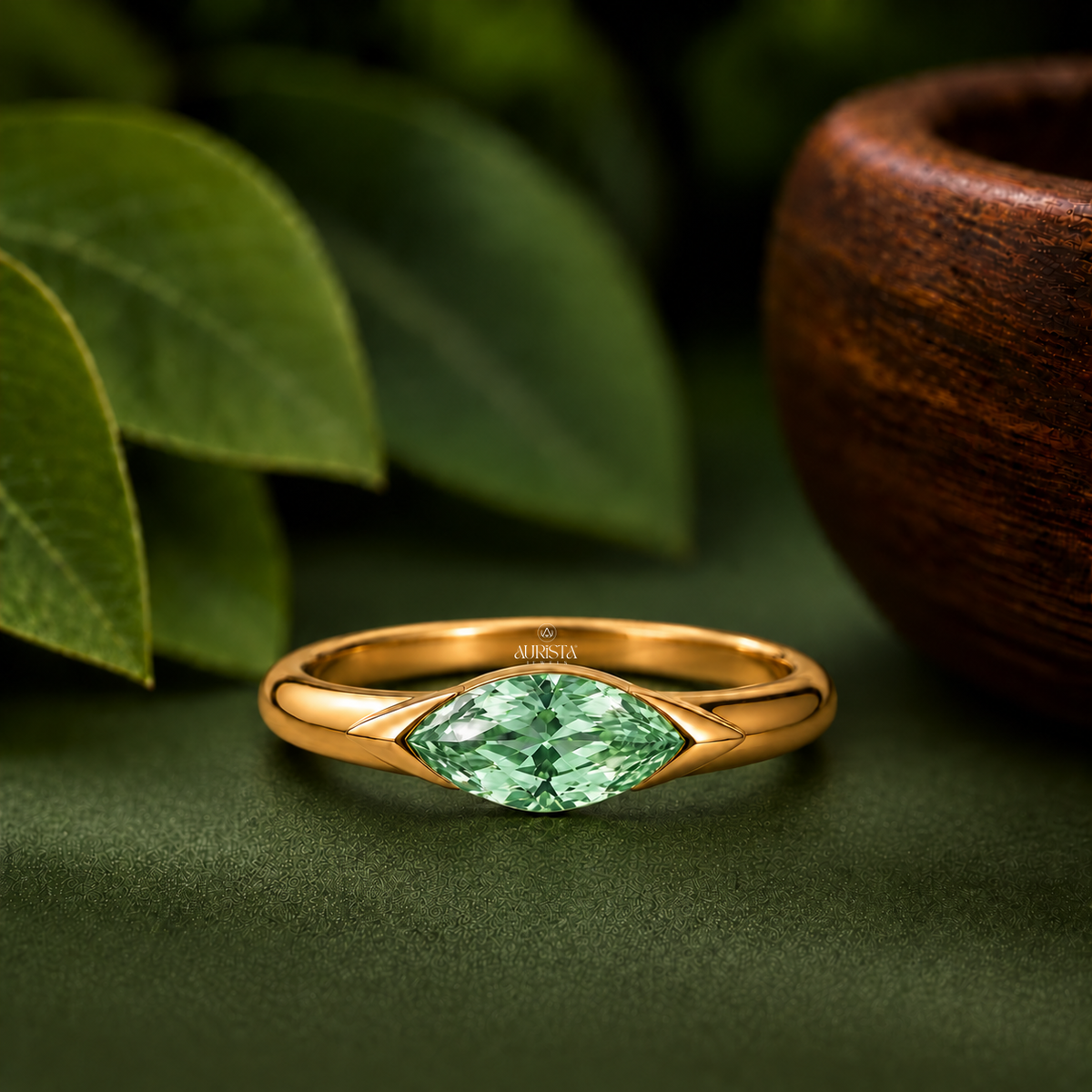 Green Marquise Bezel Solitaire Engagement Ring Band Lab Grown in Diamond