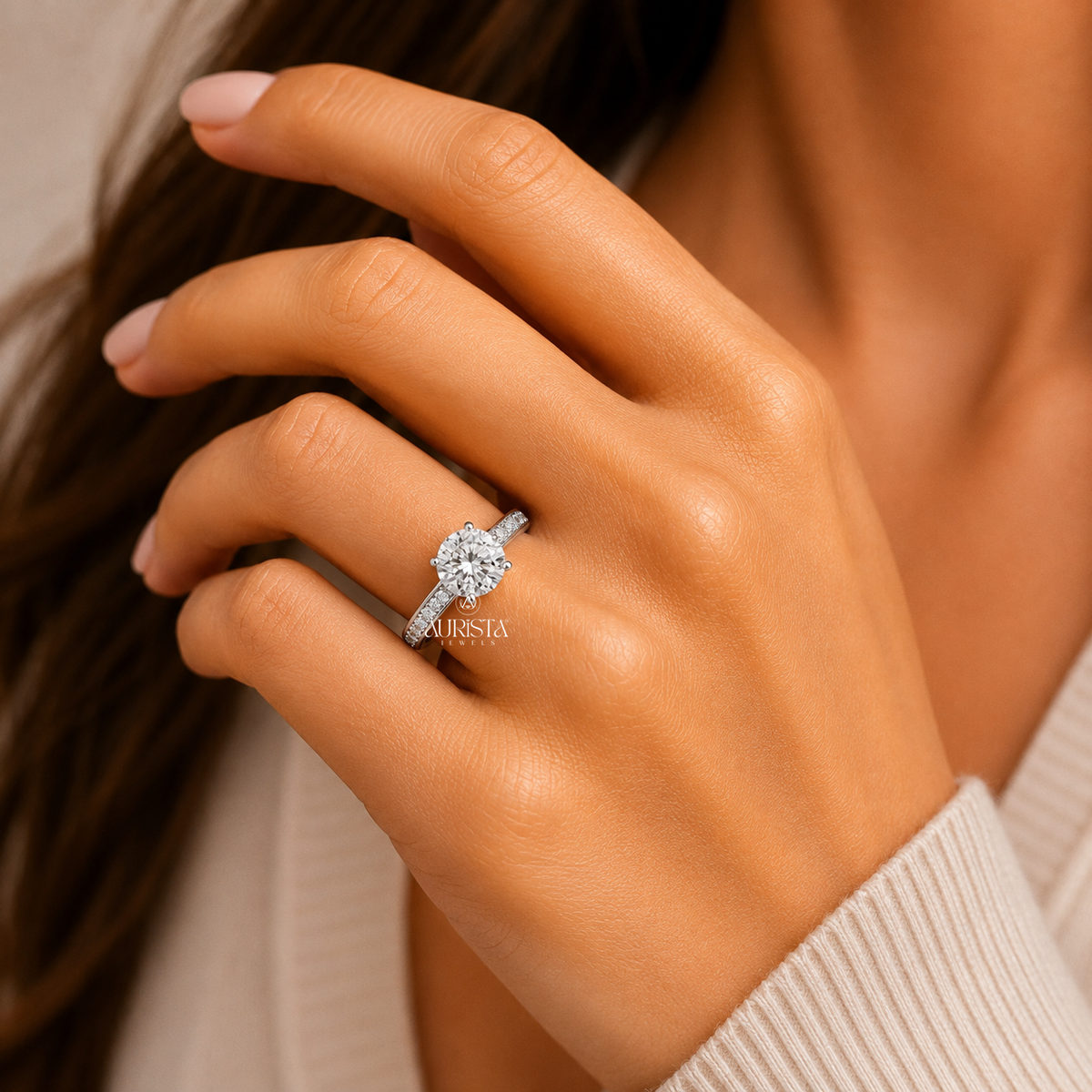 Round Lab Grown Diamond Ring, Solitaire Engagement Ring With Pave Band In White Gold