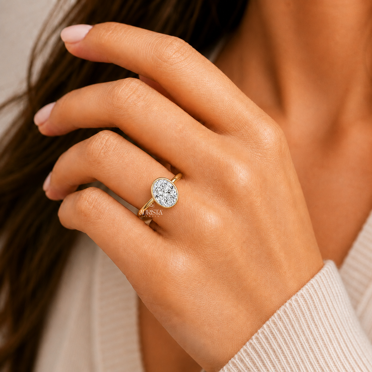 Oval Shape Lab Grown Diamond Ring, Bezel Set Solitaire Minimalist Yellow  Band
