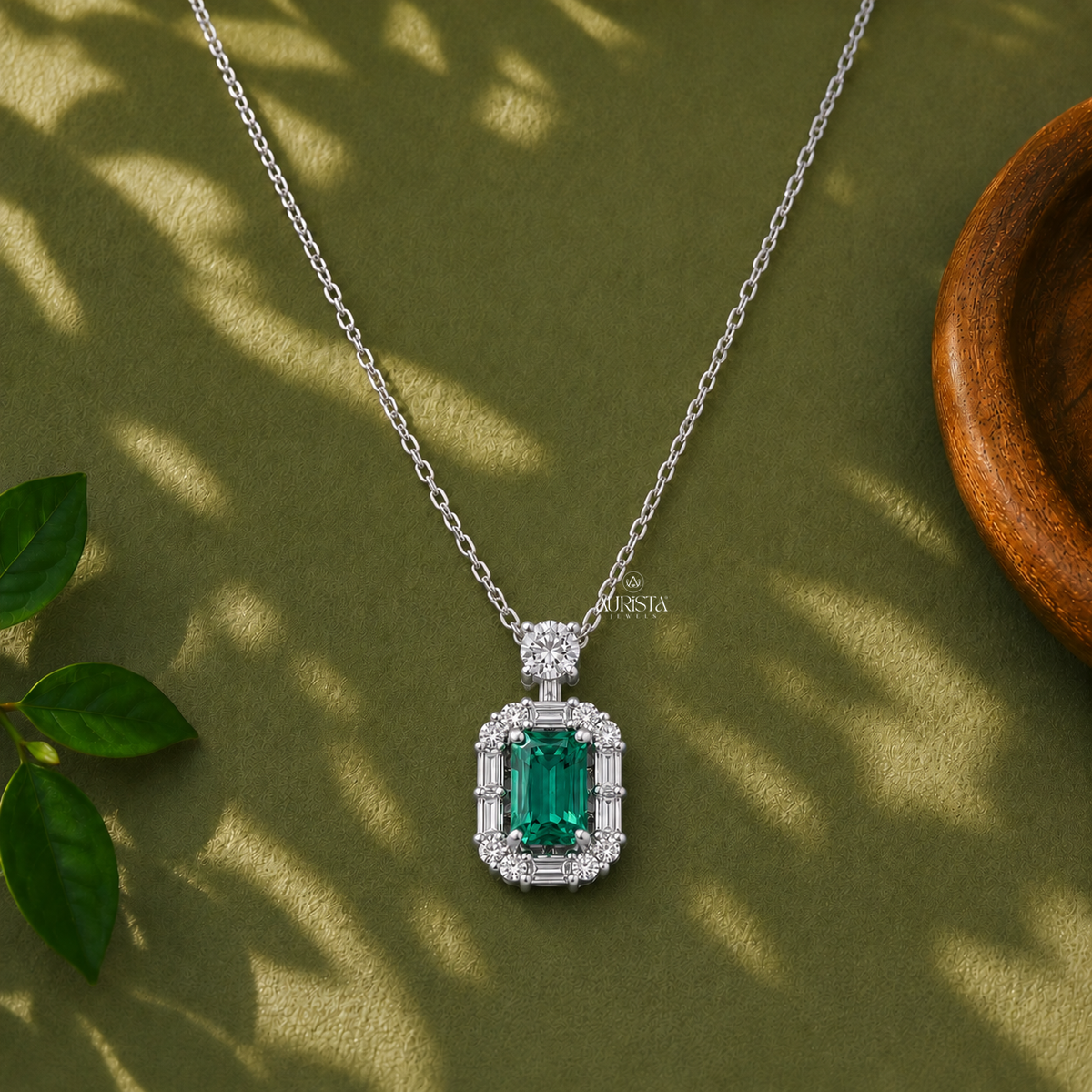 Emerald Cut Green Gemstone Halo Pendant Necklace Lab Grown in Diamond Luxury