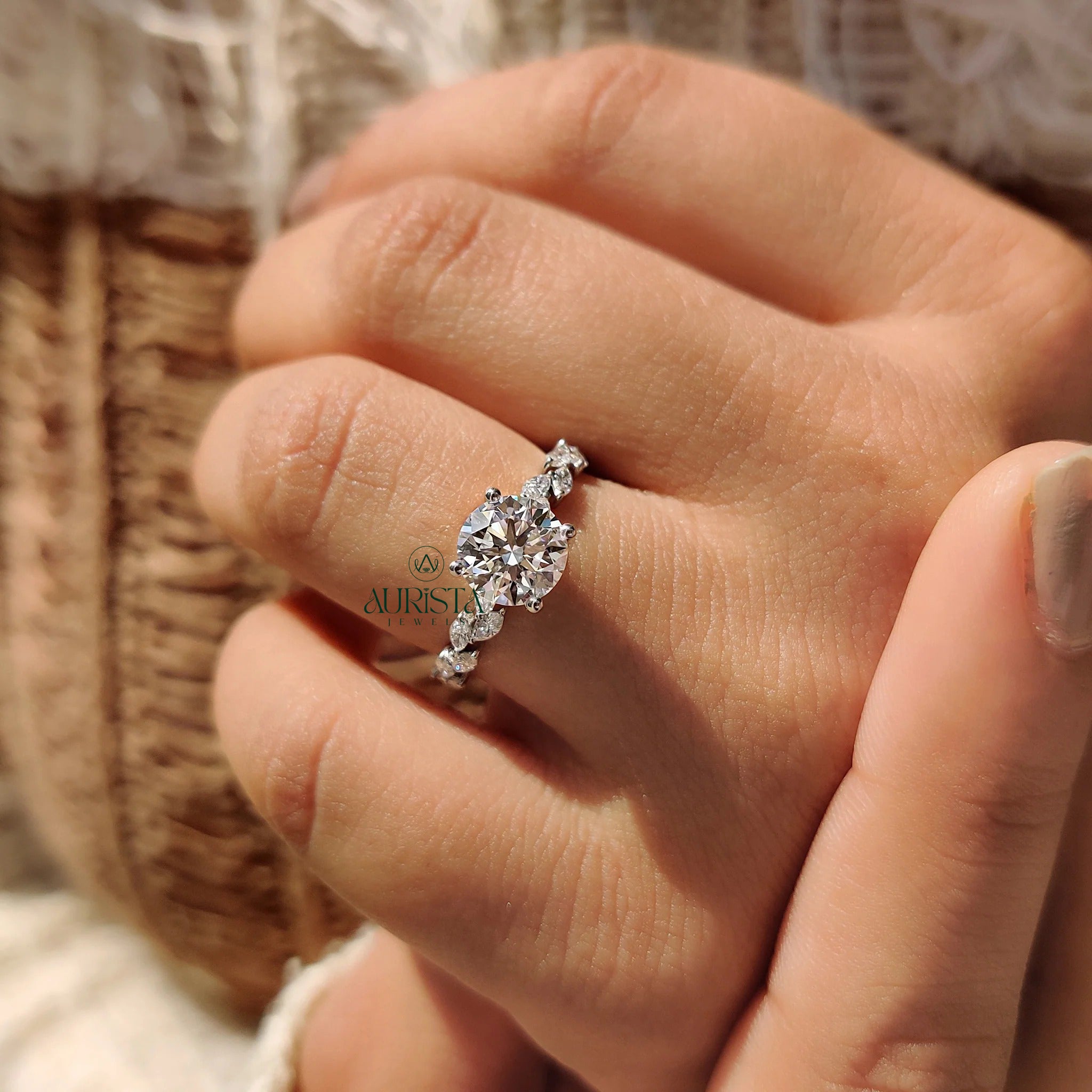 Round-Cut Brilliant Ring with Twisted Vine Pave Band