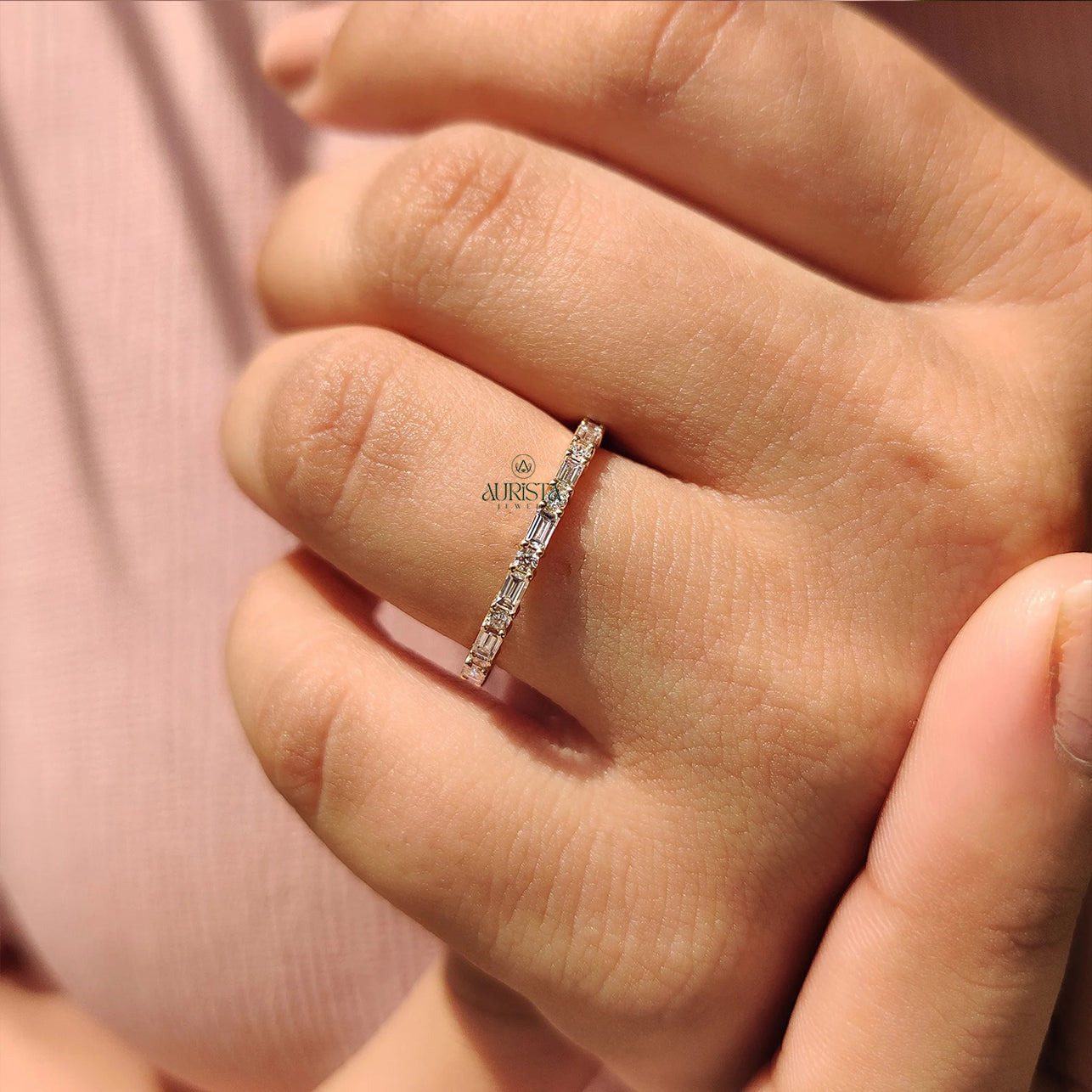 Baguette and Round Moissanite Diamond Alternating Full Eternity Stackable Wedding Band