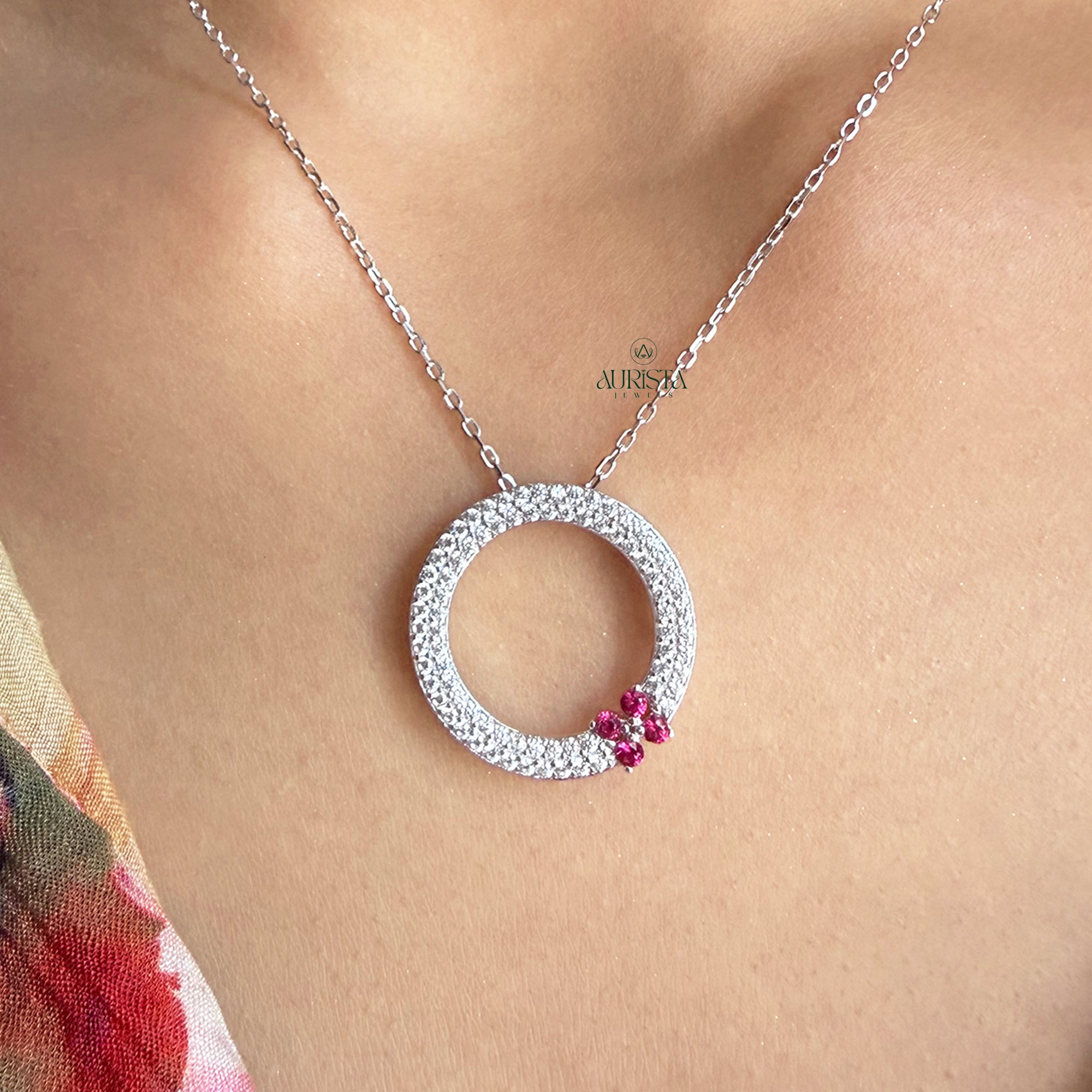 Moissanite Pave Circle Pendant with Pink Flower