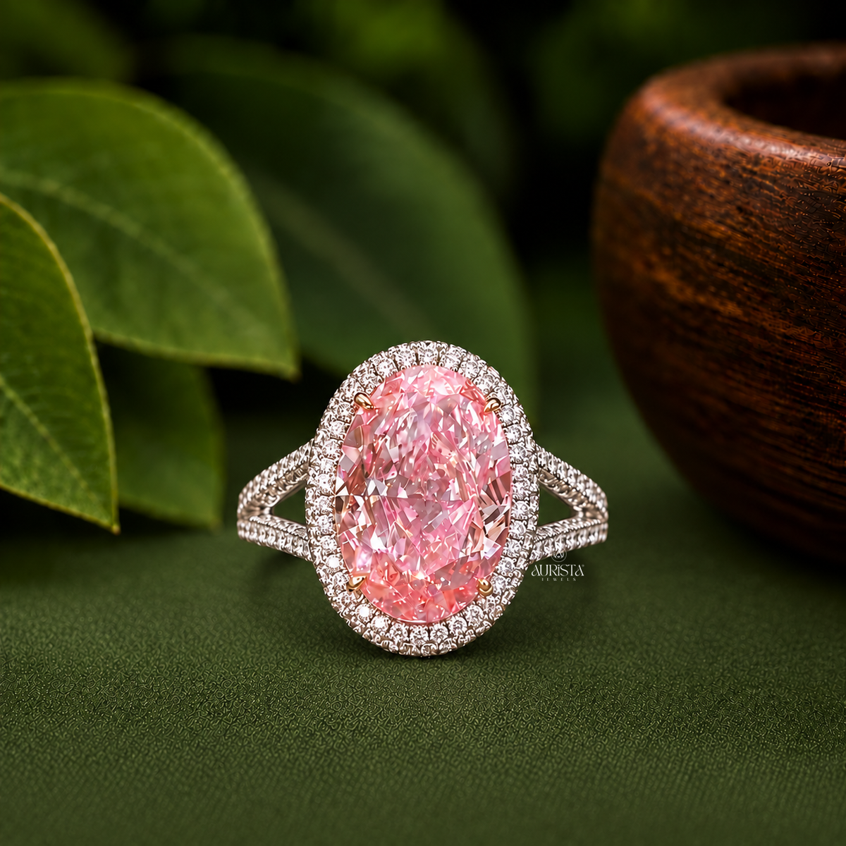 Lab Grown in Diamond Pink Oval Halo Engagement Ring Split Shank Statement Band