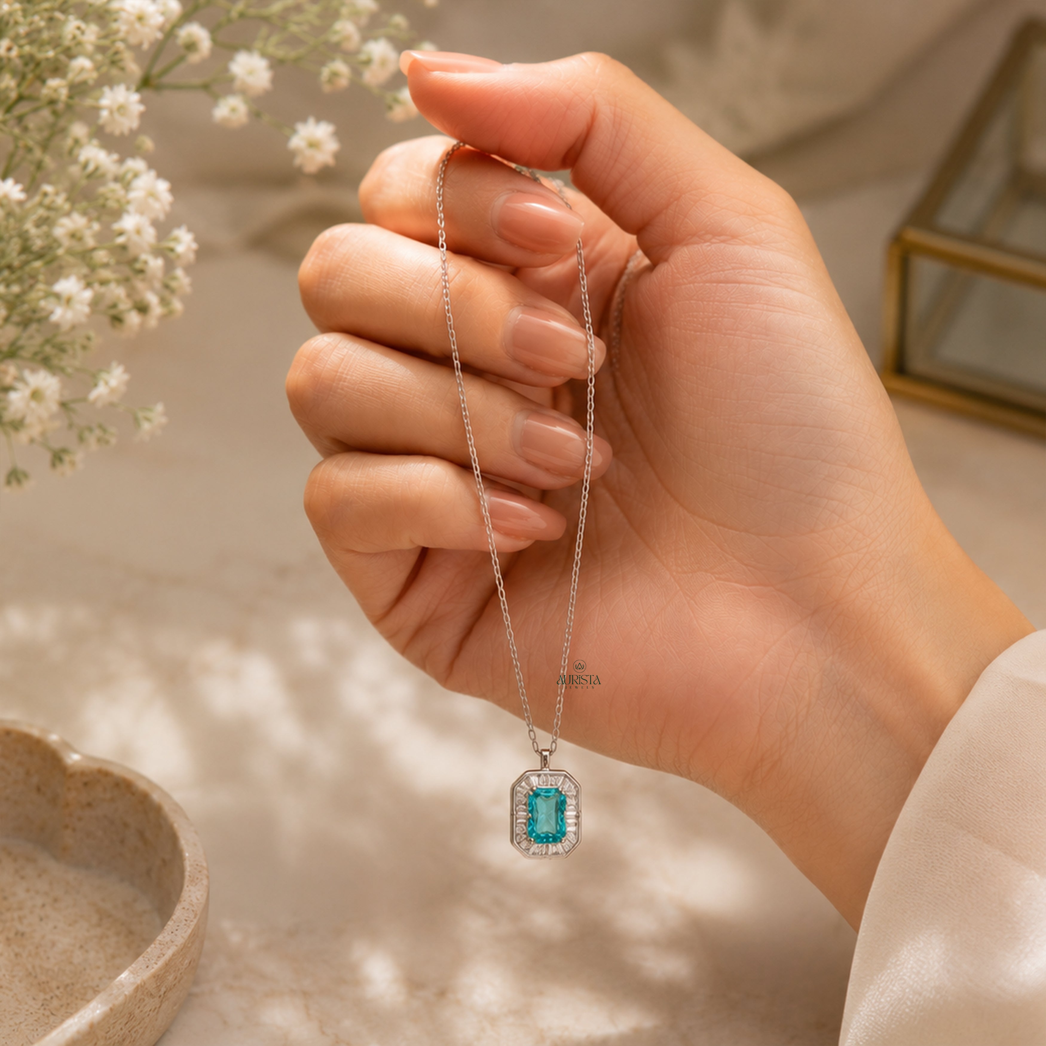 Luxury Radiant Cut Cyan Gemstone Pendant Exclusive Moissanite Jewelry For Her