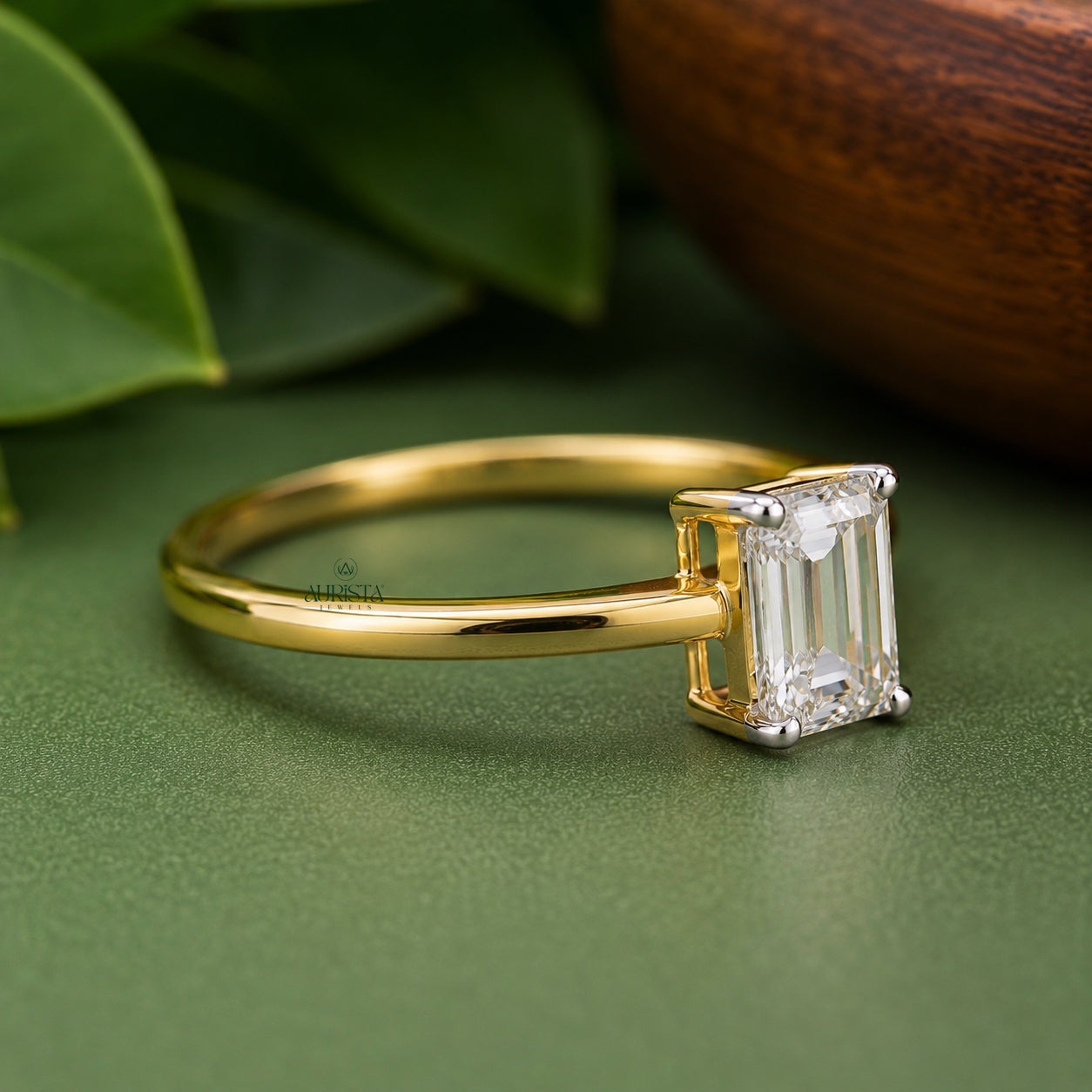 Emerald Cut Lab Grown Diamond Ring, Minimalist Engagement Wedding Ring Solitaire