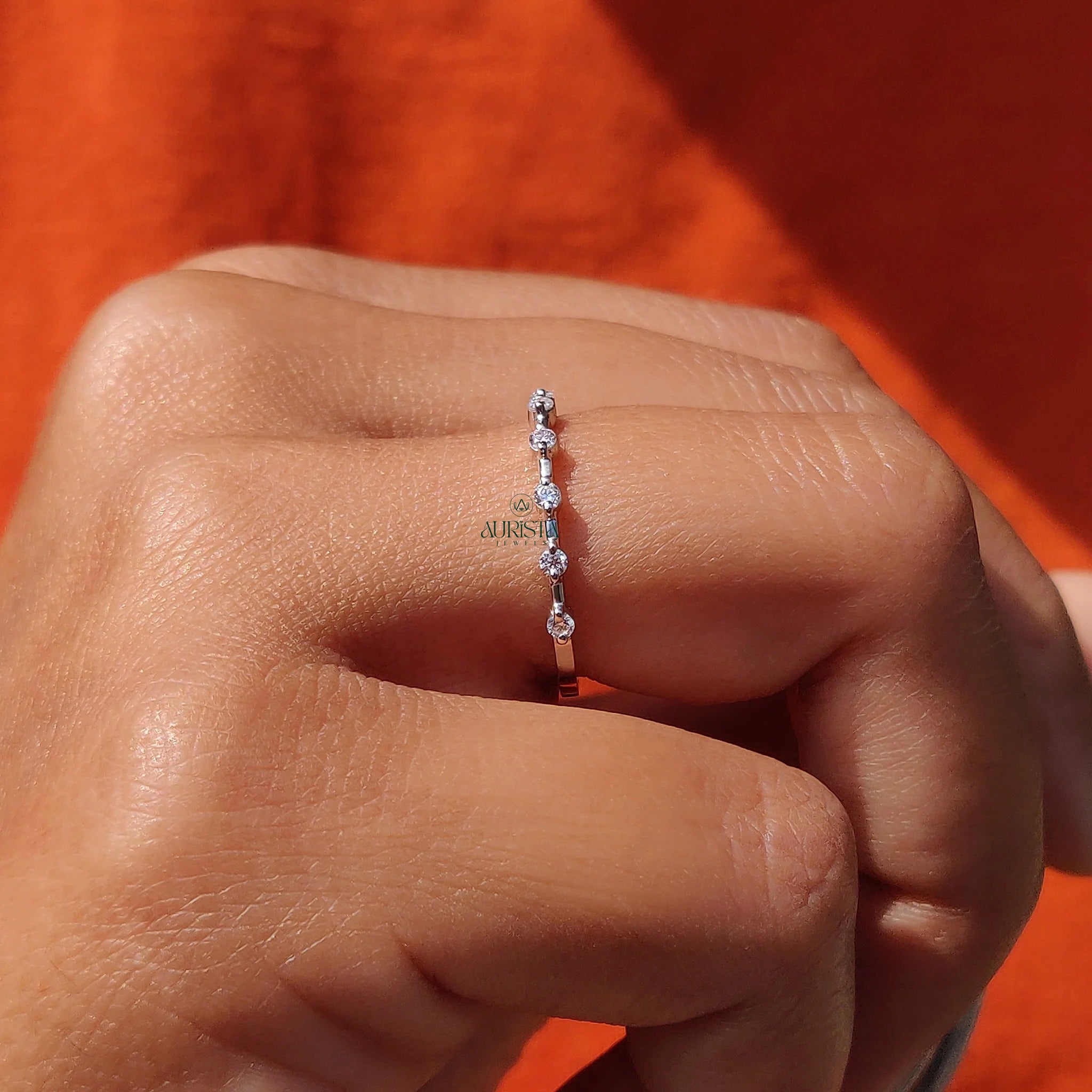 Dainty Moissanite and Diamond Station Band - Minimalist Stackable Wedding Ring