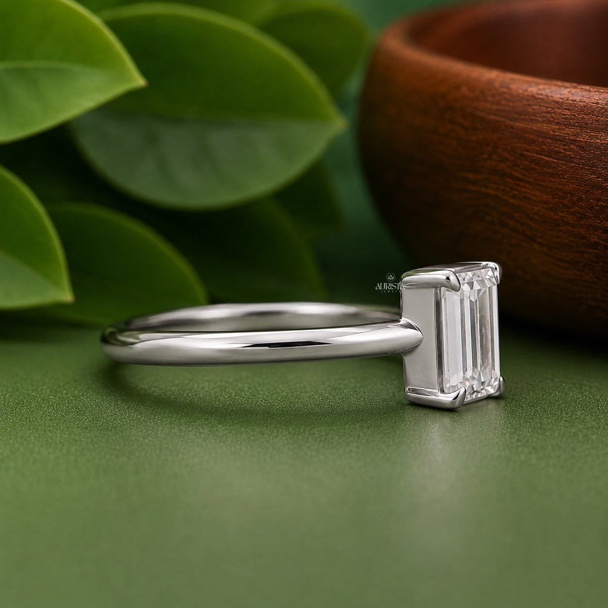 Emerald Cut Lab Grown Diamond Ring, Minimalist Engagement Wedding Ring Solitaire
