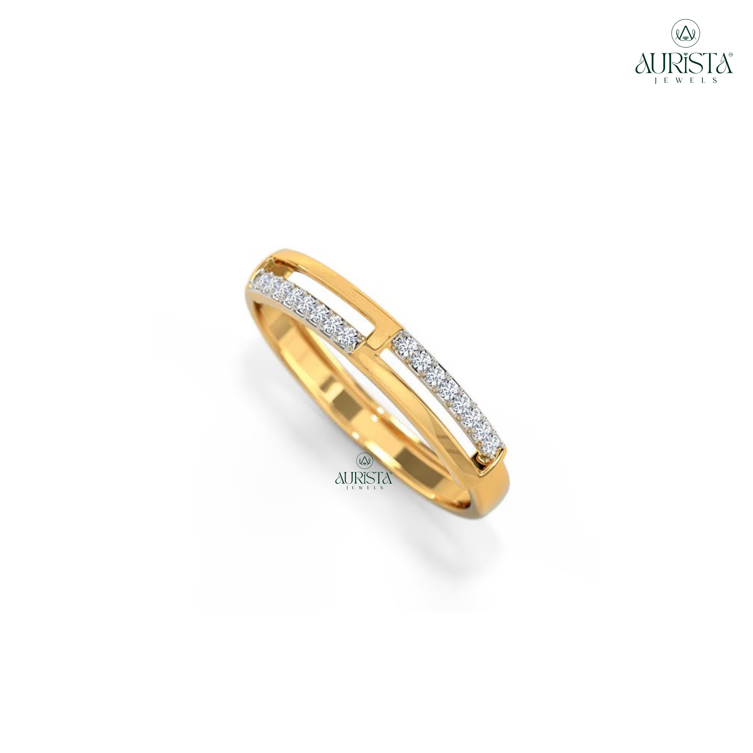 Moissanite Diamond Round Cut Minimalist Bypass Band Yellow Gold Modern Stackable Ring