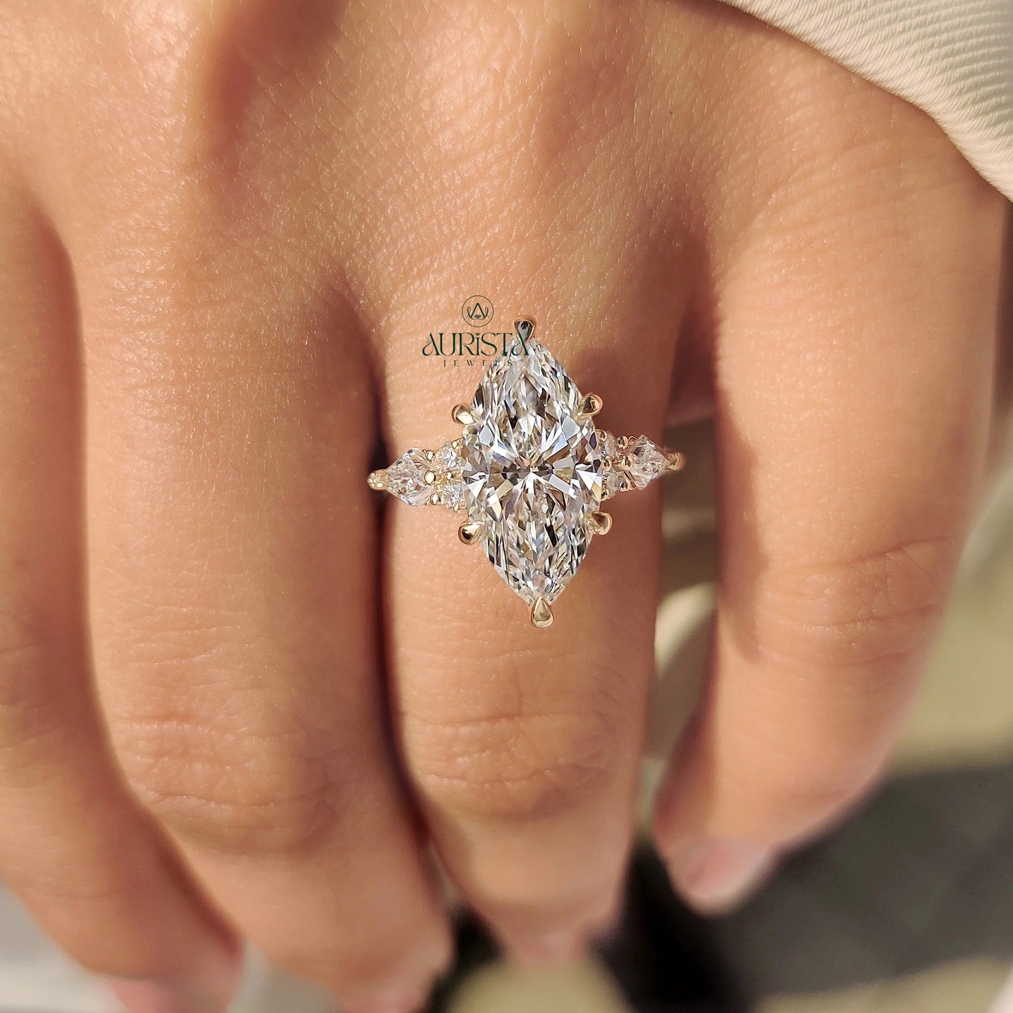 Marquise Cut Diamond Ring with Unique Kite Side Stones