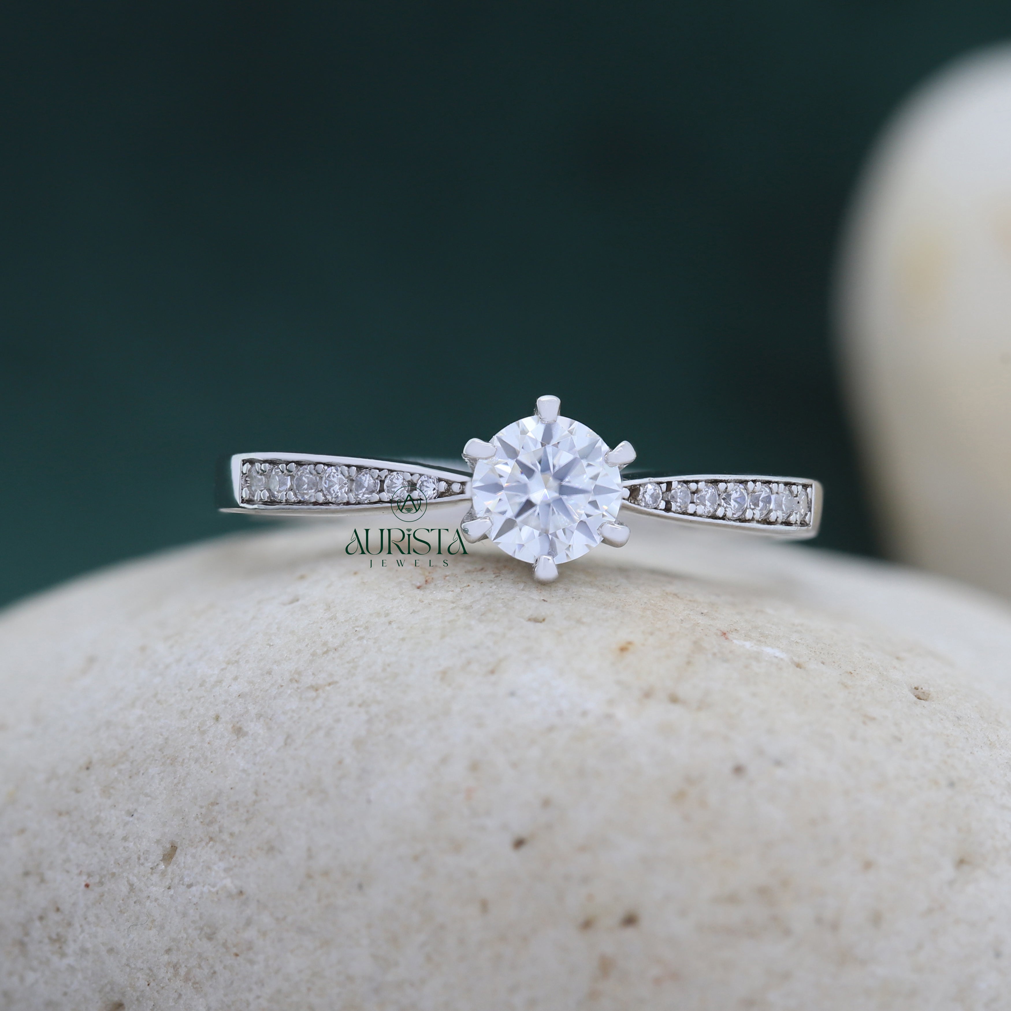 Round Cut Lab Grown Diamond ,  Side Stone,White Gold, Engagement Ring