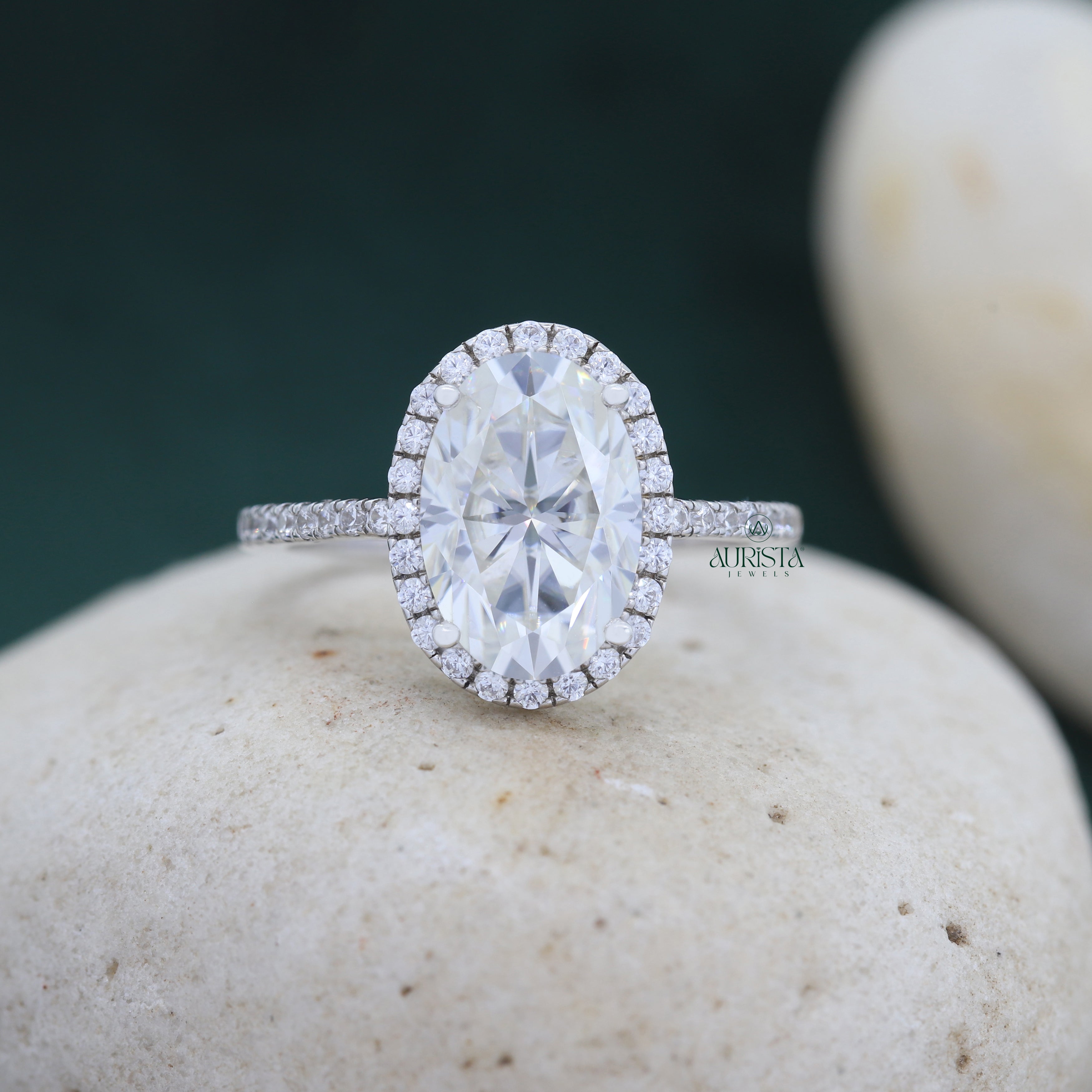 Oval Cut Lab Grown Diamond Halo Engagement Ring, Pavé Wedding Band