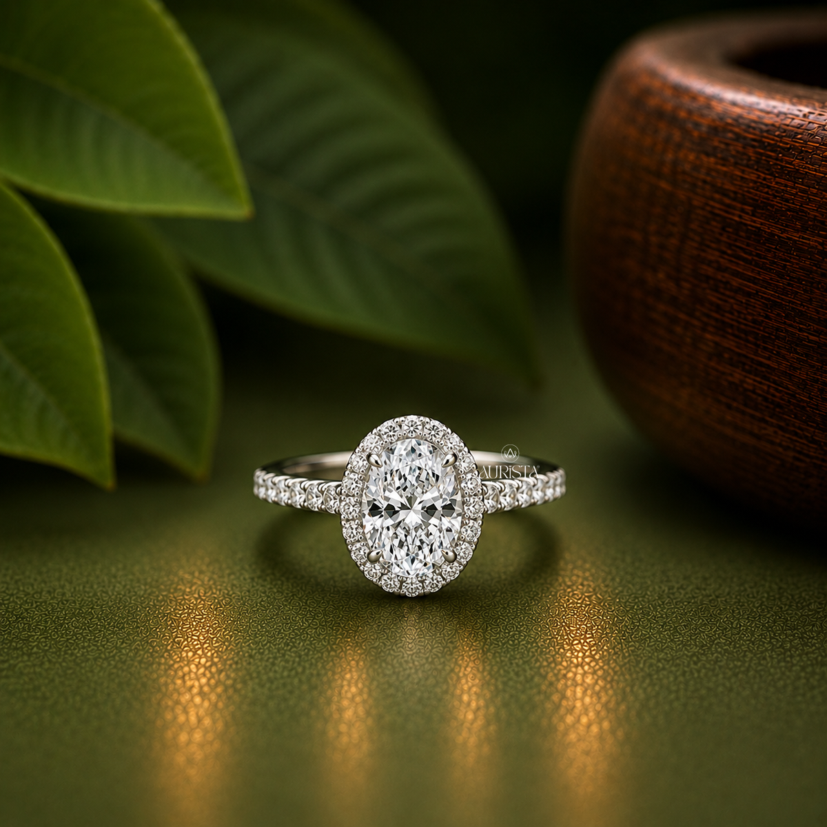 Oval Shape Lab Grown Diamond Ring, Halo Engagement Ring With Pave Band White Gold