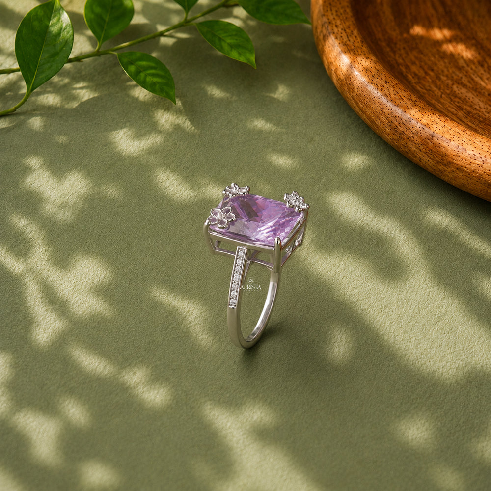Emerald Cut Purple Gemstone Ring Solitaire Moissanite Engagement Ring Silver Statement