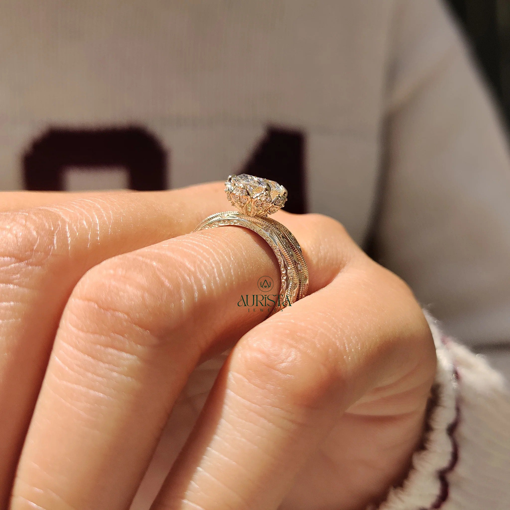 Vintage Oval Diamond Bridal Set - Antique Milgrain Marquise Band Ring