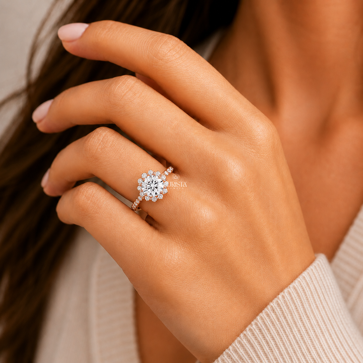 Round Shape Lab Grown Diamond Ring, Floral Halo Bubble Pave Band Anniversary Gift