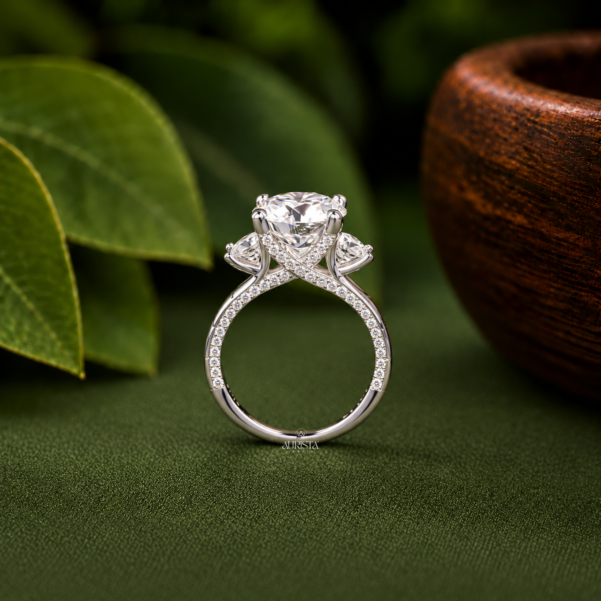 3CT Lab Grown Diamond Engagement Ring, Round Cut  Side Stones with Hidden Halo