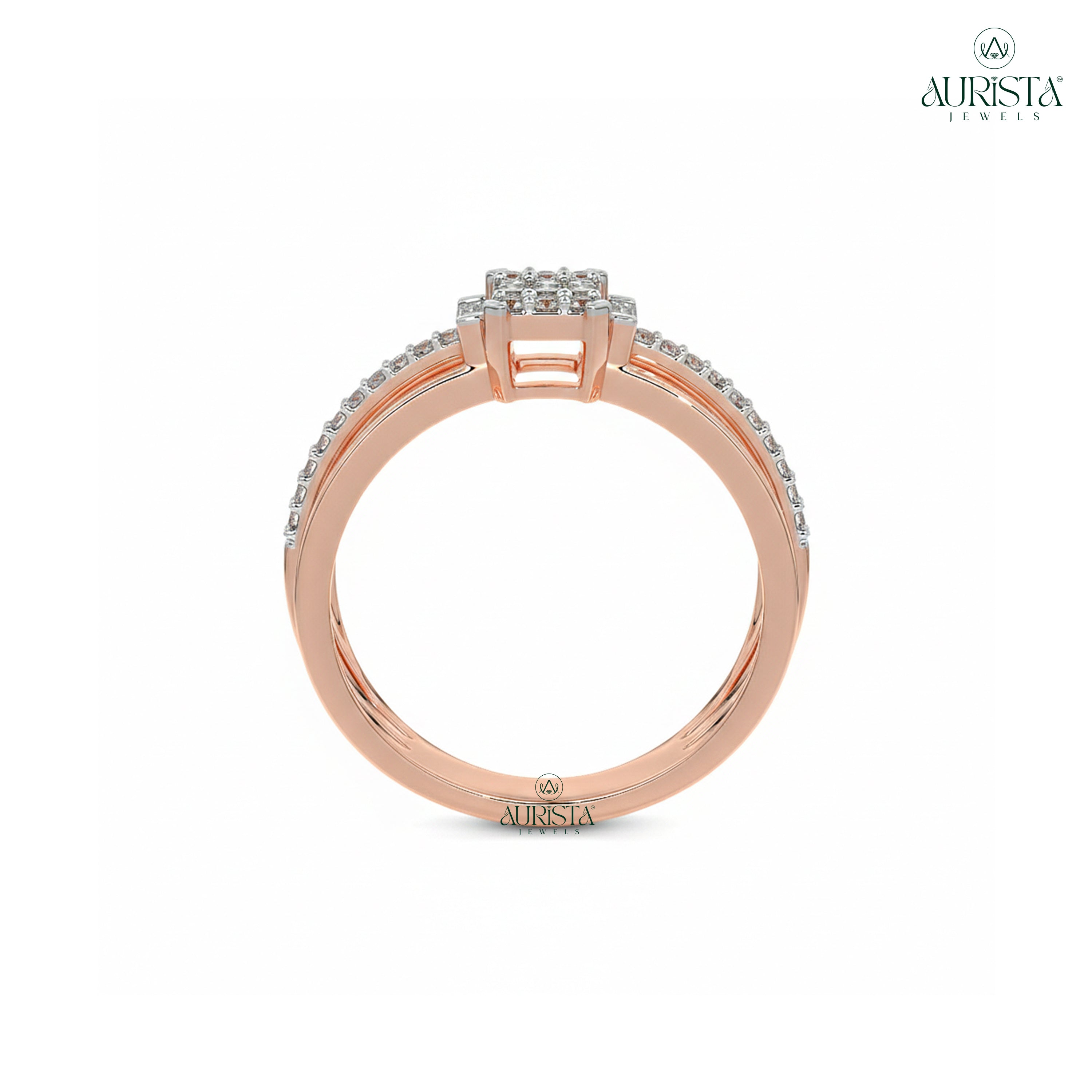 Baguette Moissanite Diamond Ring, Rose Gold Multi-Layer Band With Pave Accents