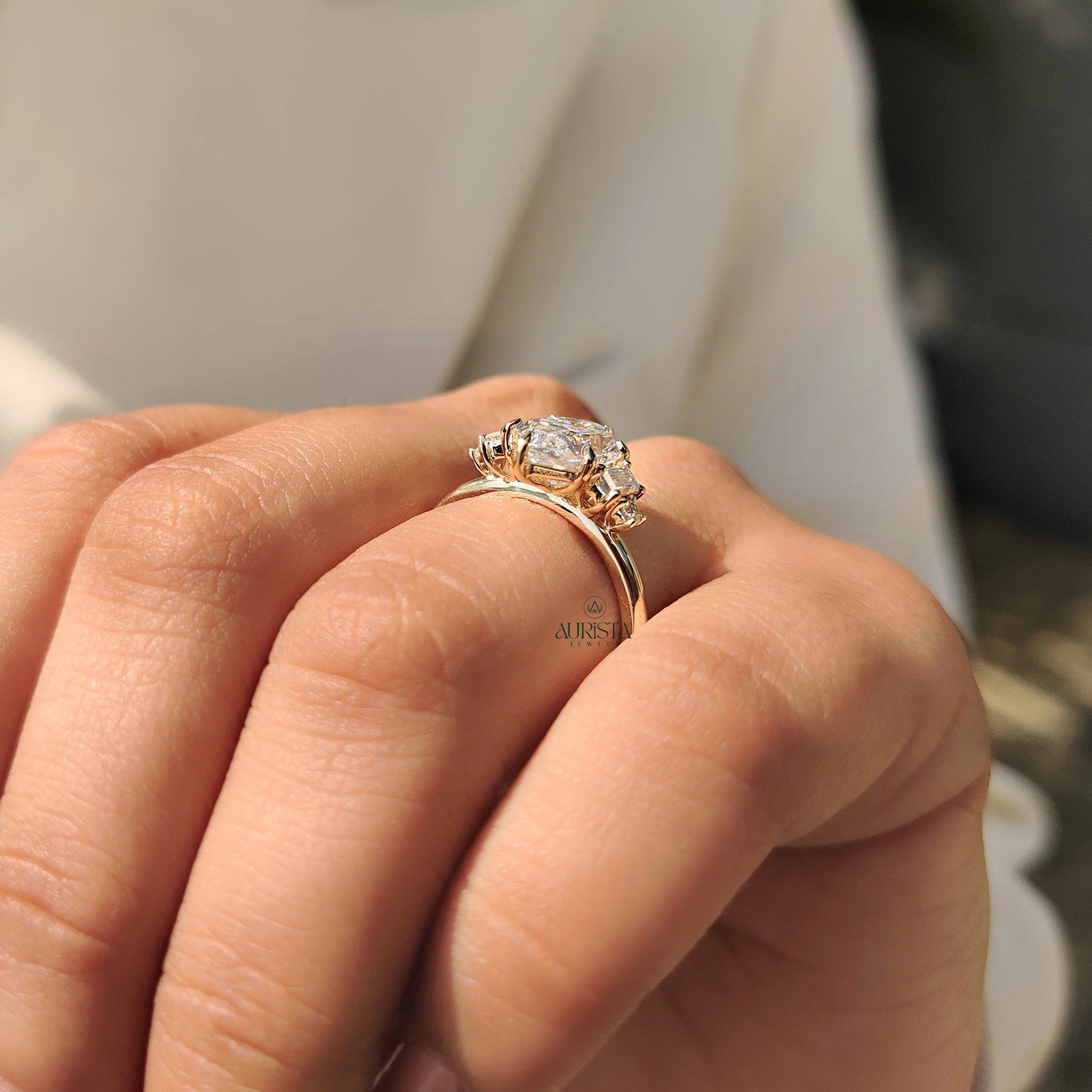 Marquise Moissanite in Diamond Baguette Yellow Gold Art Deco Engagement Ring