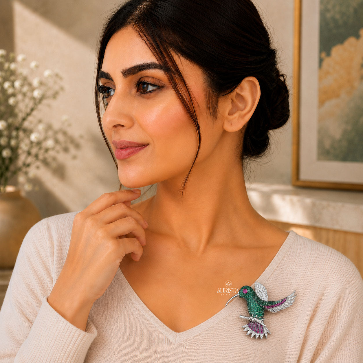 Sparkling Moissanite Hummingbird Brooch - Vibrant Green Gemstone Bird Pin Pendant