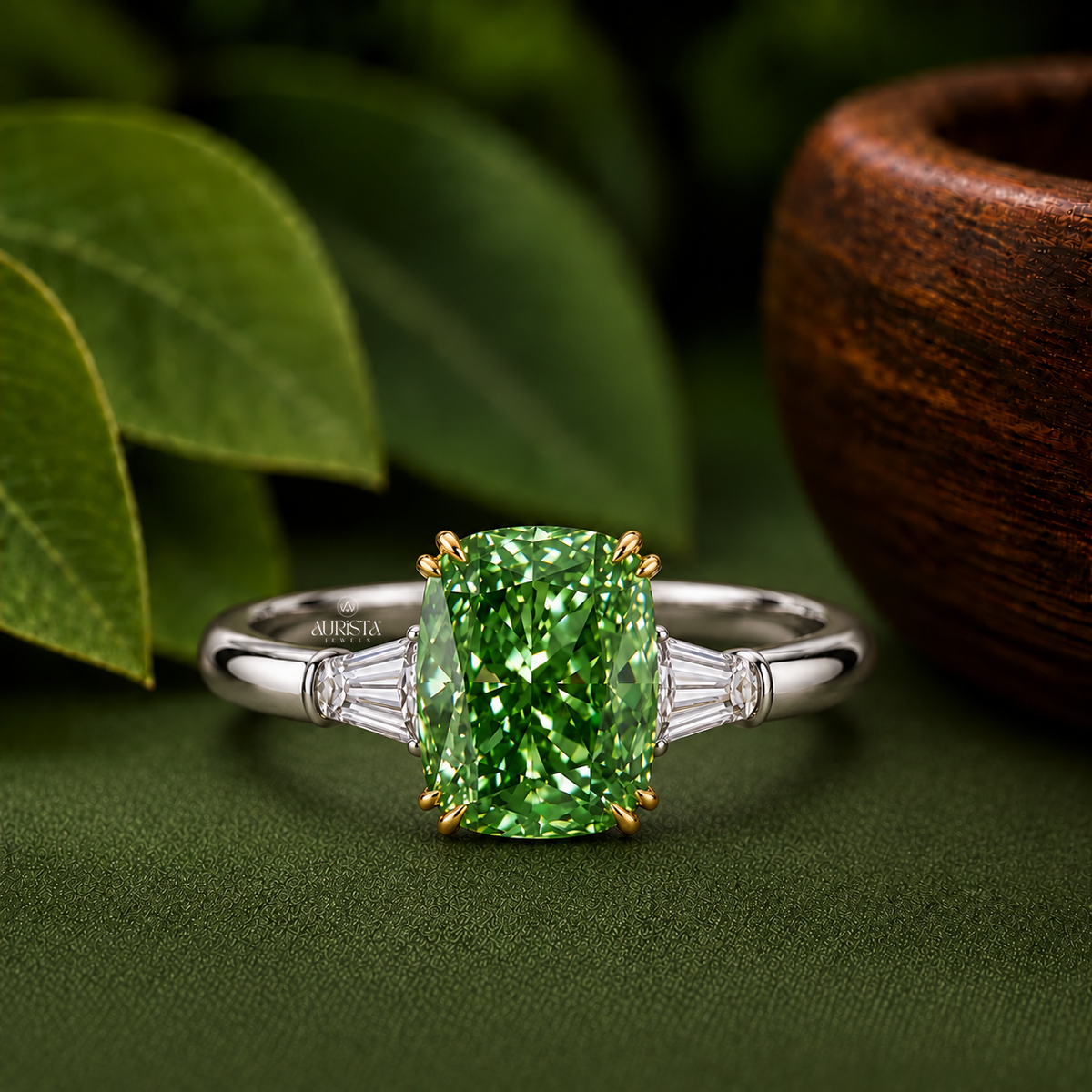 Green Marquise Cut Bezel Set Engagement Ring Solitaire Band Lab Grown in Diamond