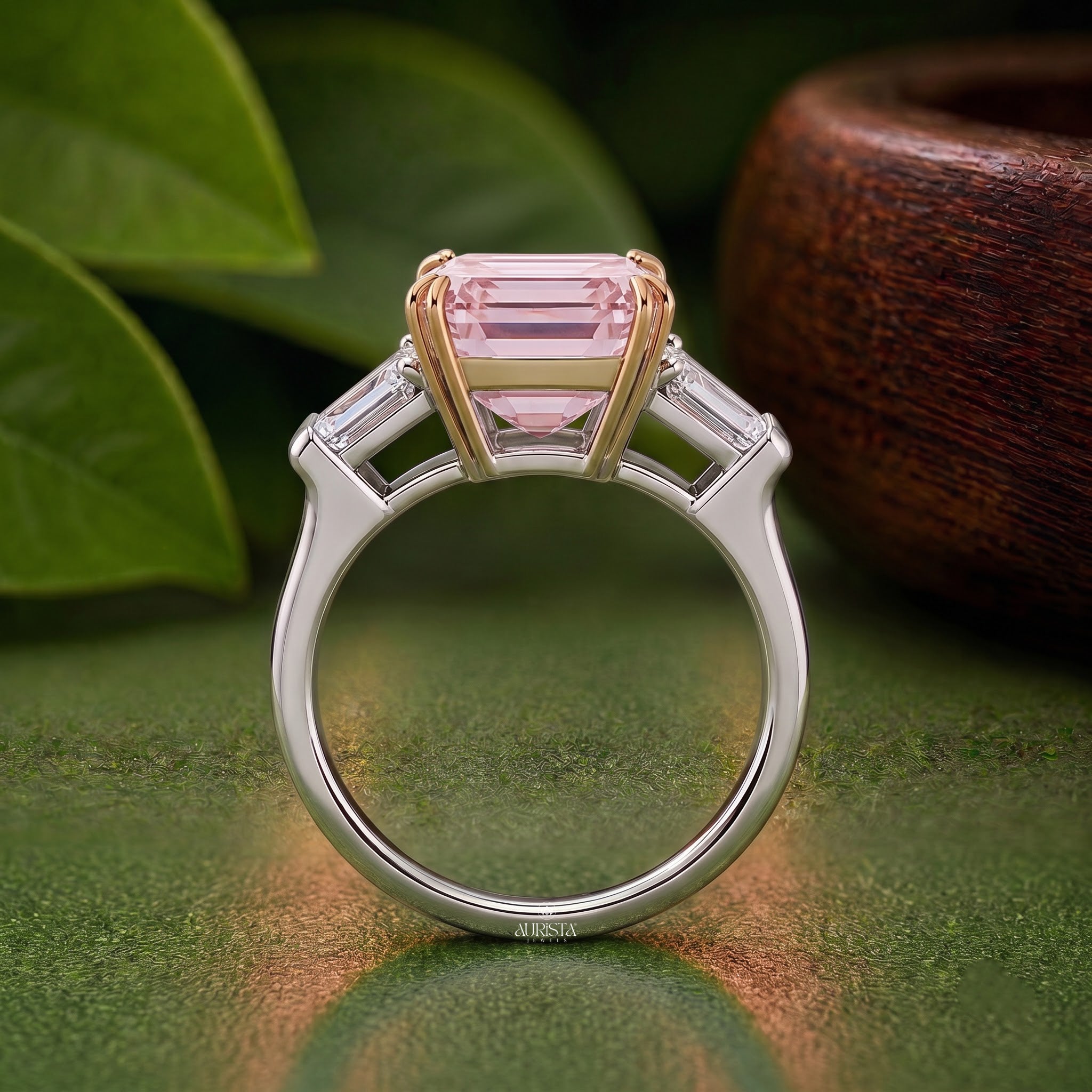 Lab Grown in Diamond Pink Emerald Cut Ring Three Stone Engagement Ring Statement