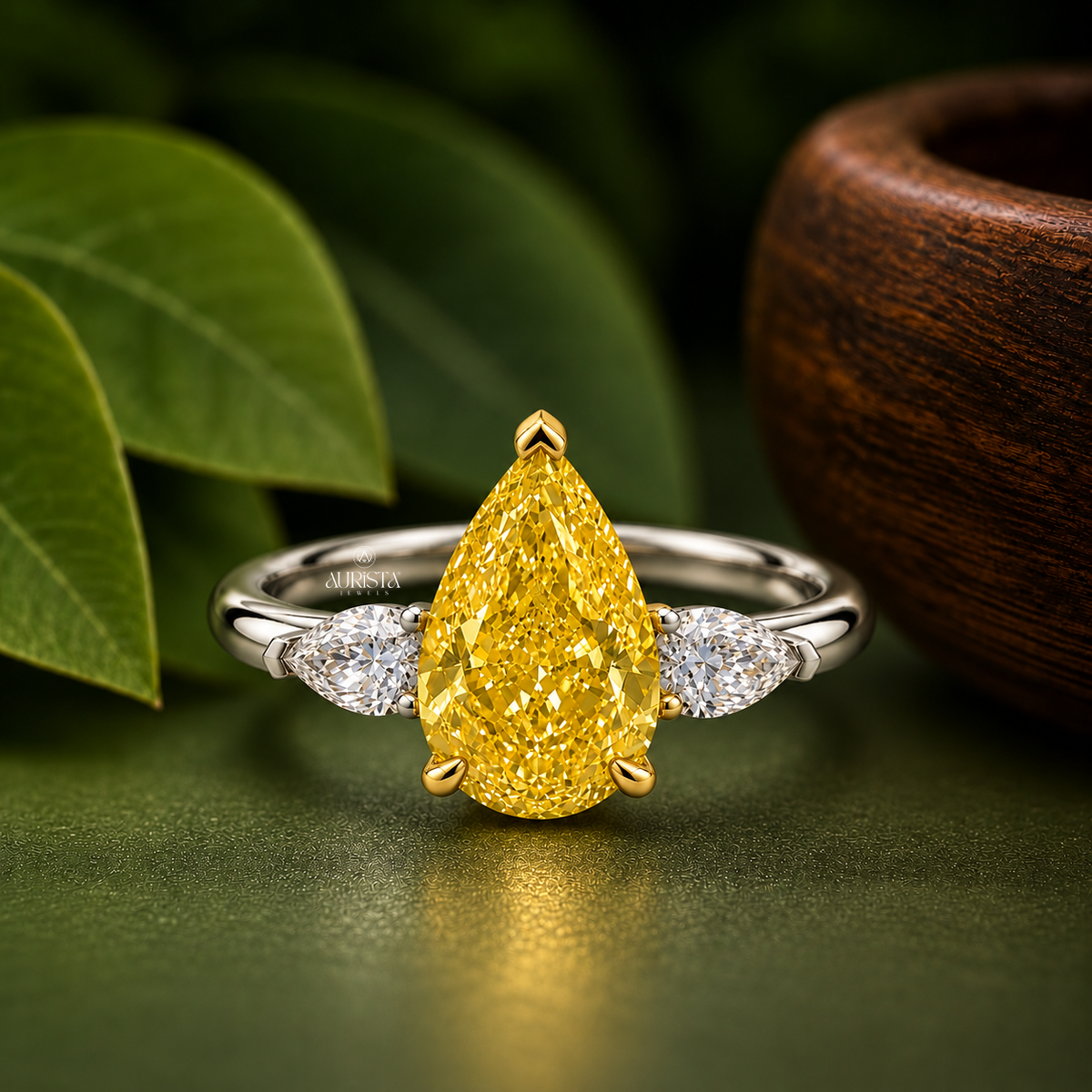 Yellow Pear Cut Three Stone Engagement Ring Statement Band Lab Grown in Diamond