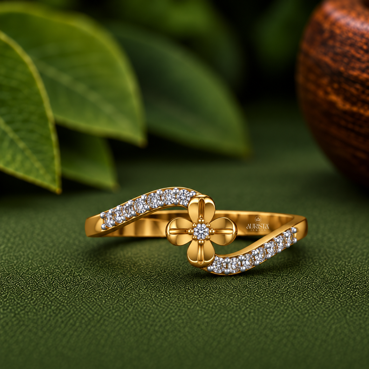 Gold Flower Bypass Ring with Pavé Accents Lab Grown in Diamond