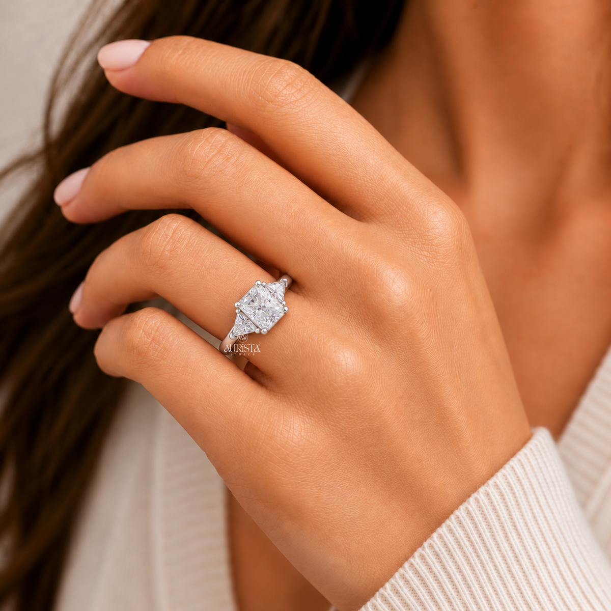 1.76 CT Radiant Cut Lab Grown Diamond Three Stone Engagement Ring 14k Gold